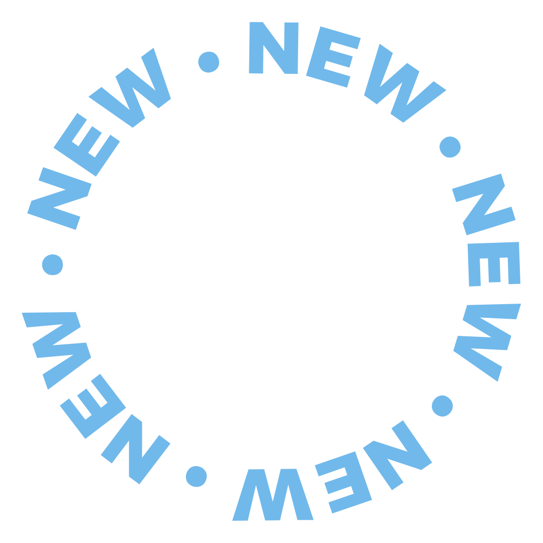 Light blue circular text reading 'NEW' repeated multiple times around the circumference.