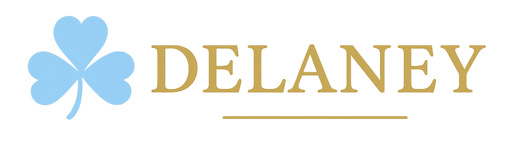 Illustration of a blue four-leaf clover on the left and the word 'Delaney' written in large, gold-colored letters.