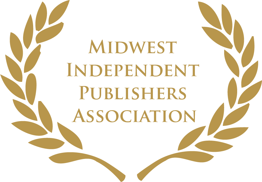 A black background with a gold laurel wreath surrounding the text "Midwest Independent Publishers Association."