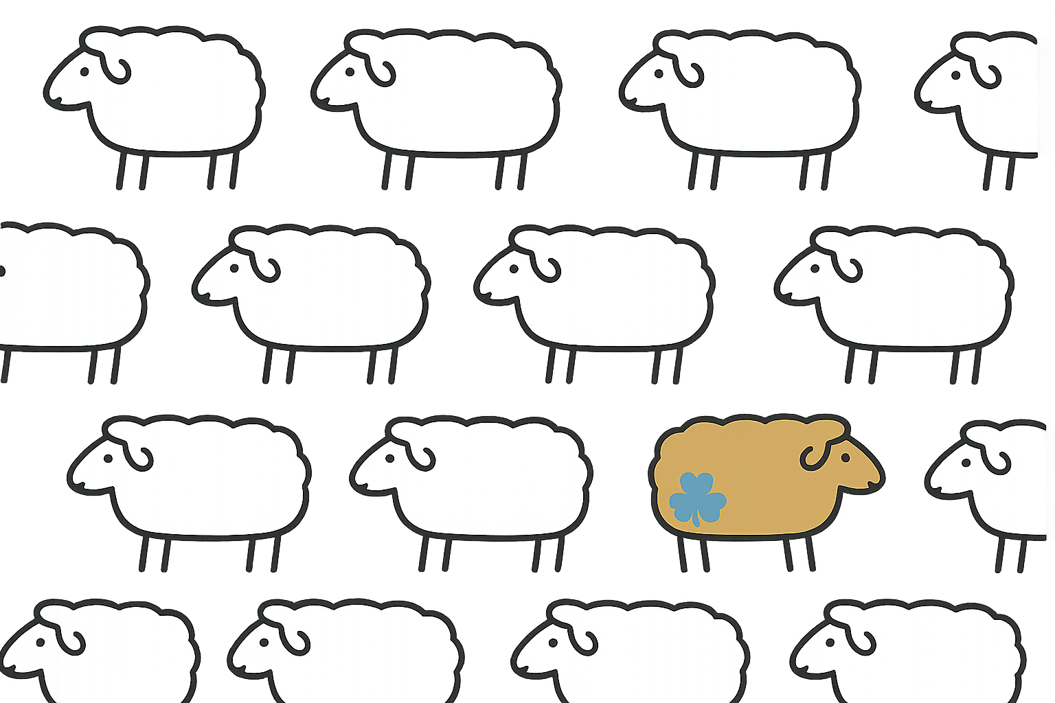 Multiple cartoon sheep illustrations on a gray background. One sheep is brown with a blue shamrock pattern on its side, standing out from the others which are white.