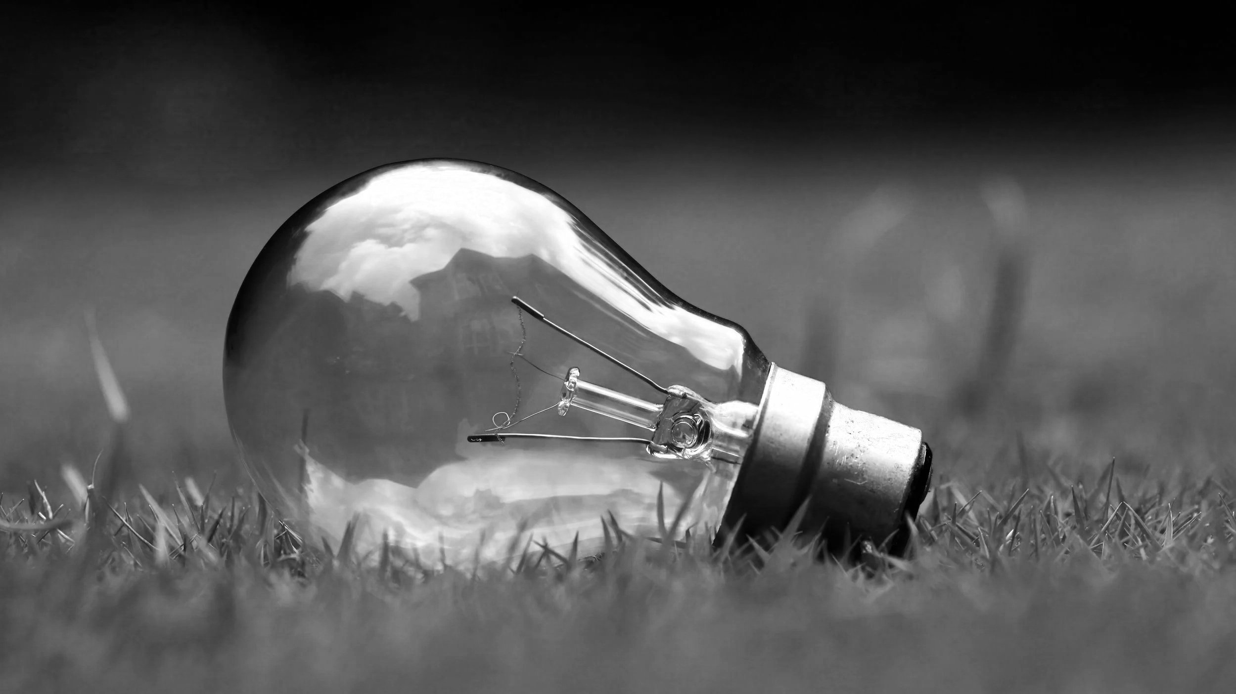 A clear light bulb lying on green grass with a blurry background and reflection of a house and sky in the glass.