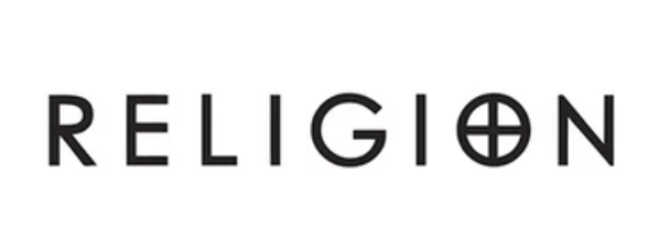 The word 'RELIGION' written in black capital letters with the 'O' stylized as a cross inside a circle