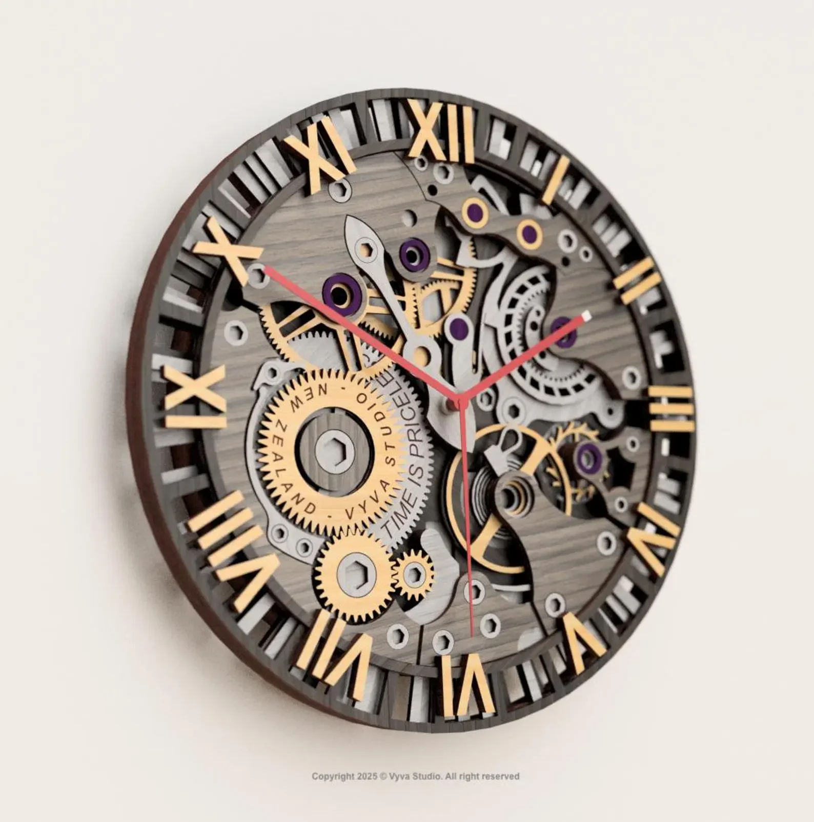 A wall clock with an exposed gear mechanism, Roman numerals, and metallic accents.