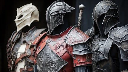 Three Warrior costumes with detailed armor and helmets, displayed side by side against a dark background.