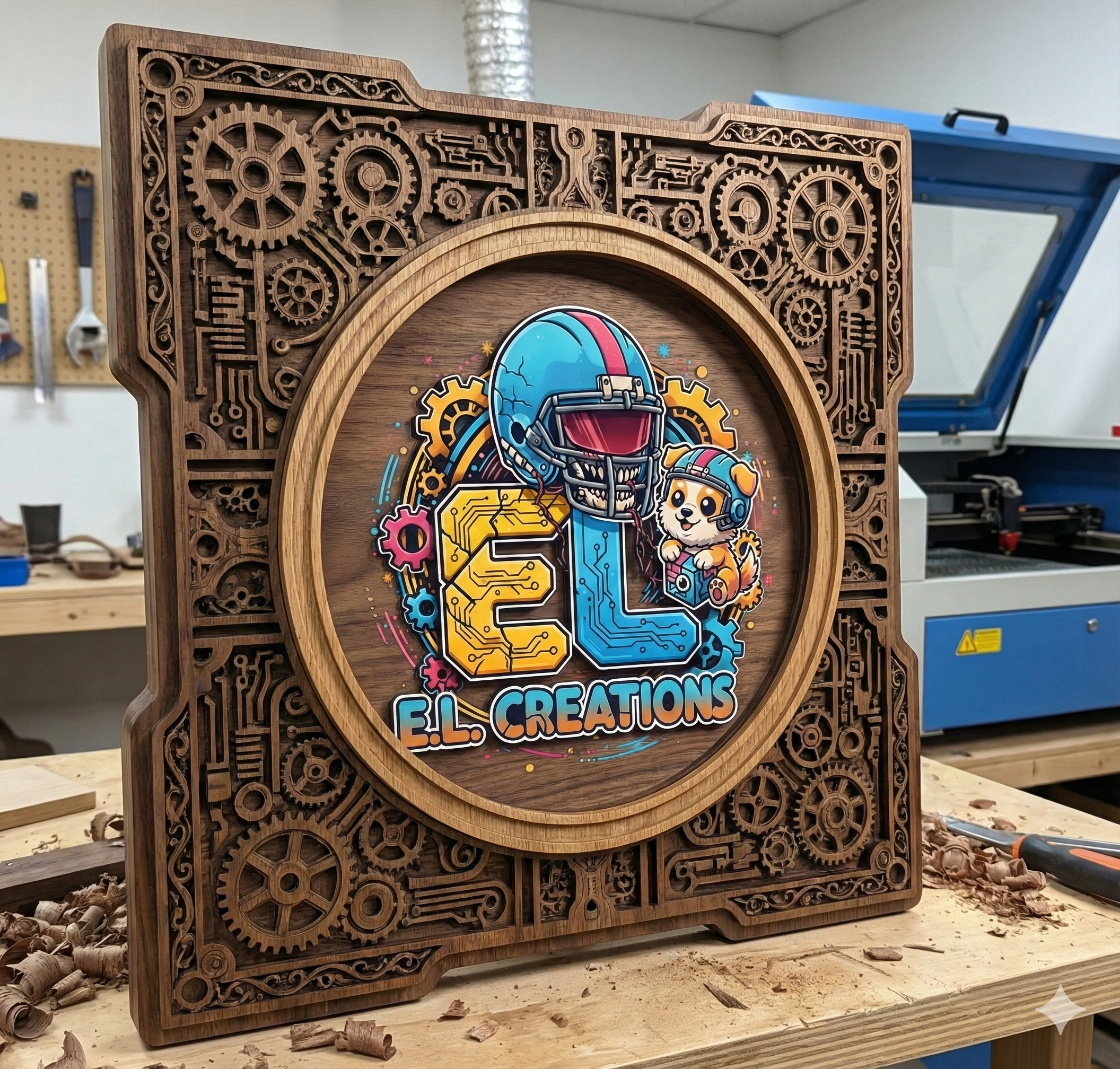 A wooden wall art sign with intricate gear and machinery designs, featuring a colorful logo of a football helmet and a dog in a space suit, with the text "EL Creations".