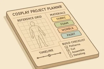 Cosplay project planner with reference grid, a sketch of a person, timeline, and checklist for build steps, including materials like fabric, foam, worbla, and paint.