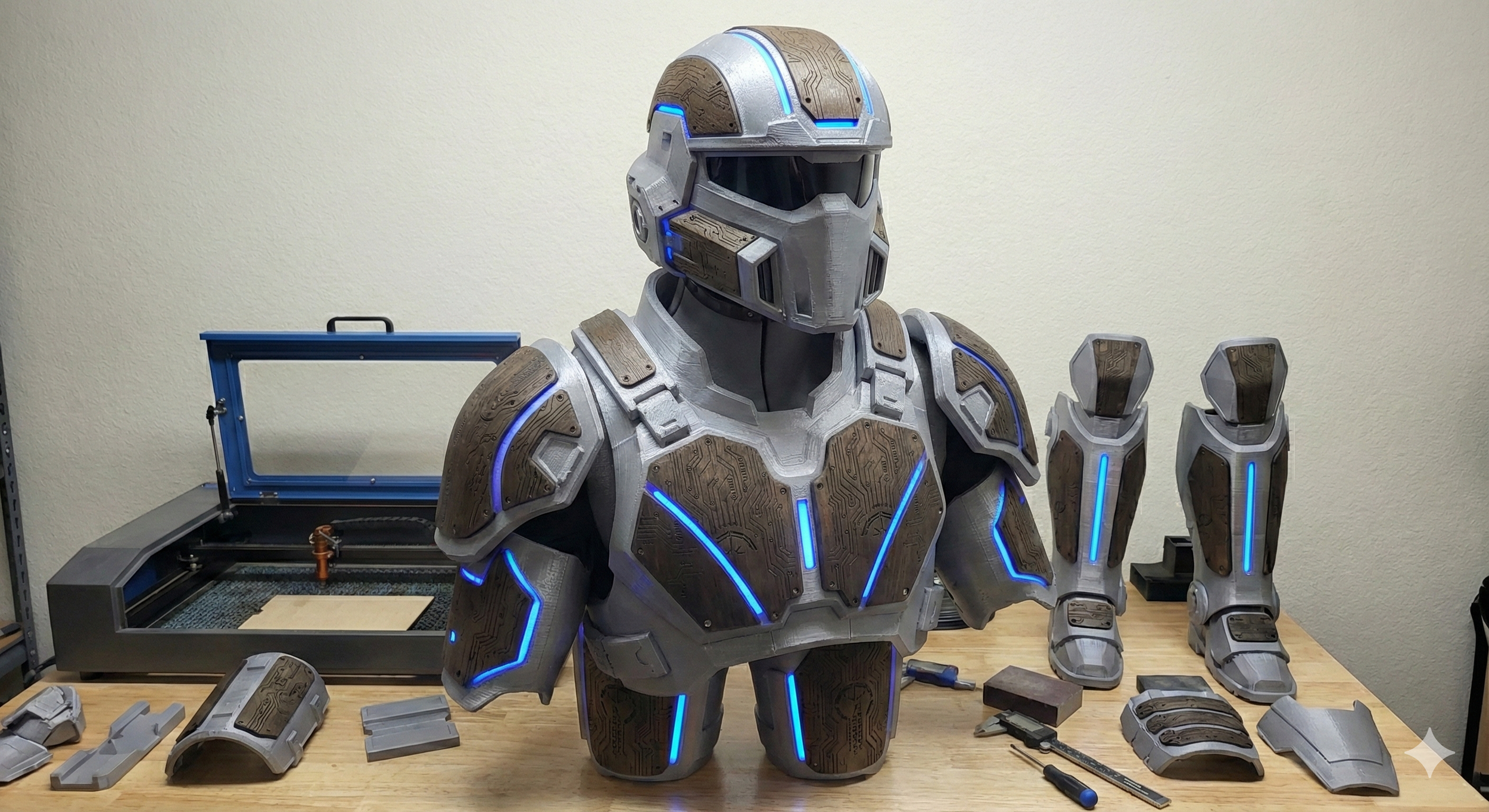 A humanoid robot with armor-like metallic and wooden panels, blue LED accents, and a helmet with a visor, standing assembled on a workbench with tools and additional parts surrounding it.