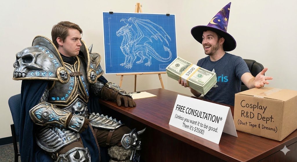 A man in cosplay armor looks displeased while another man wearing a wizard hat offers a stack of money for a consultation at a cosplay R&D department desk. The desk has a sign about free consultation with a condition, a box labeled 'Cosplay R&D Dept.' and a blueprint of a dragon on an easel in the background.
