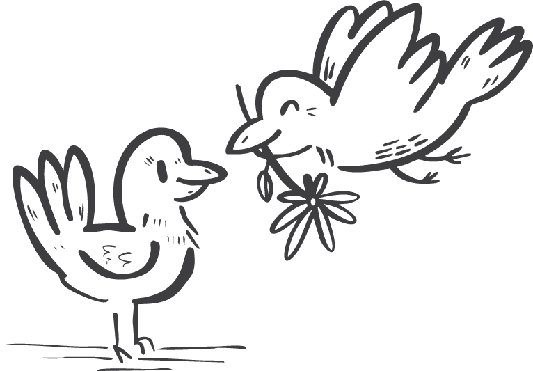 Two cartoon birds exchanging a flower, one bird on the ground and the other flying.