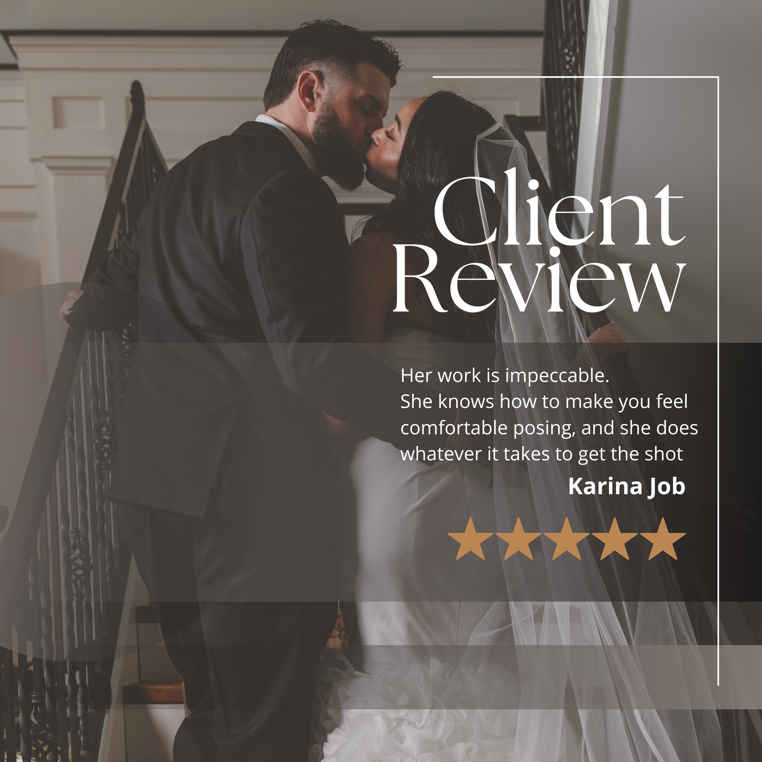 A newlywed couple sharing a kiss on a staircase, with the bride in a white wedding gown and veil, and the groom in a black suit.