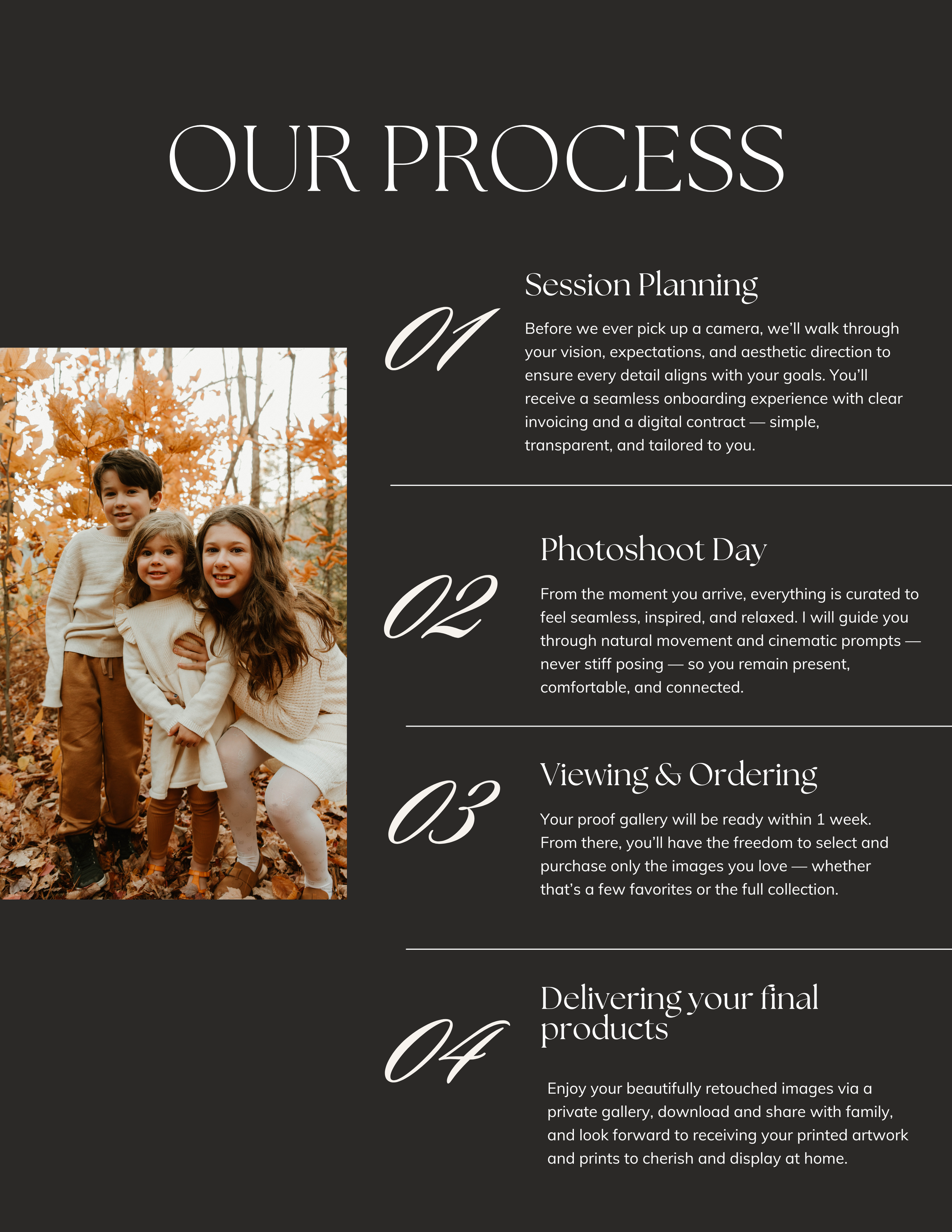 A step-by-step process overview for a photo studio service, including session planning, photoshoot day, viewing and ordering, and delivering final products, with a portrait of three children outdoors in autumn foliage.