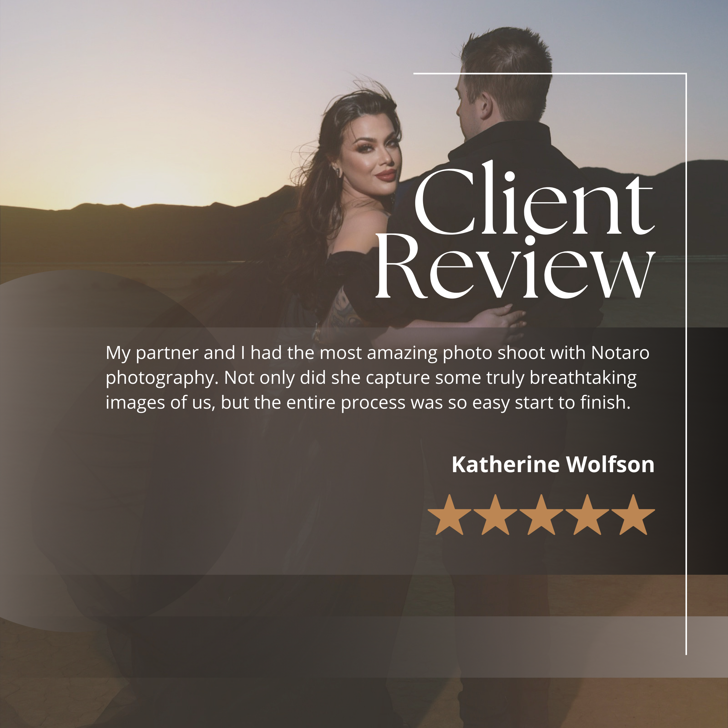 Client review graphic with a photo of a couple at sunset and five star rating.