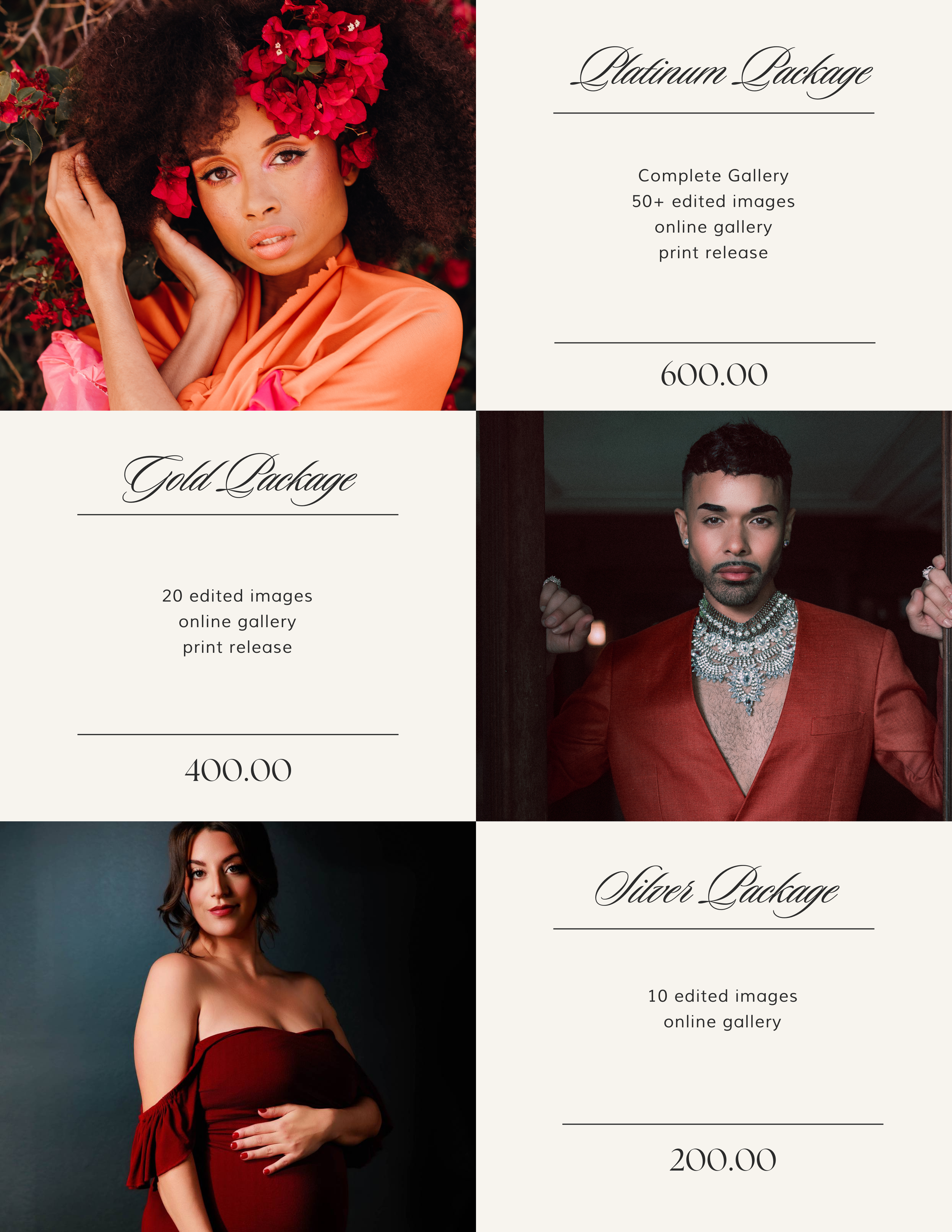 A promotional graphic featuring four sections, including portraits of women with elaborate makeup and attire, alongside text describing different photography packages and prices.