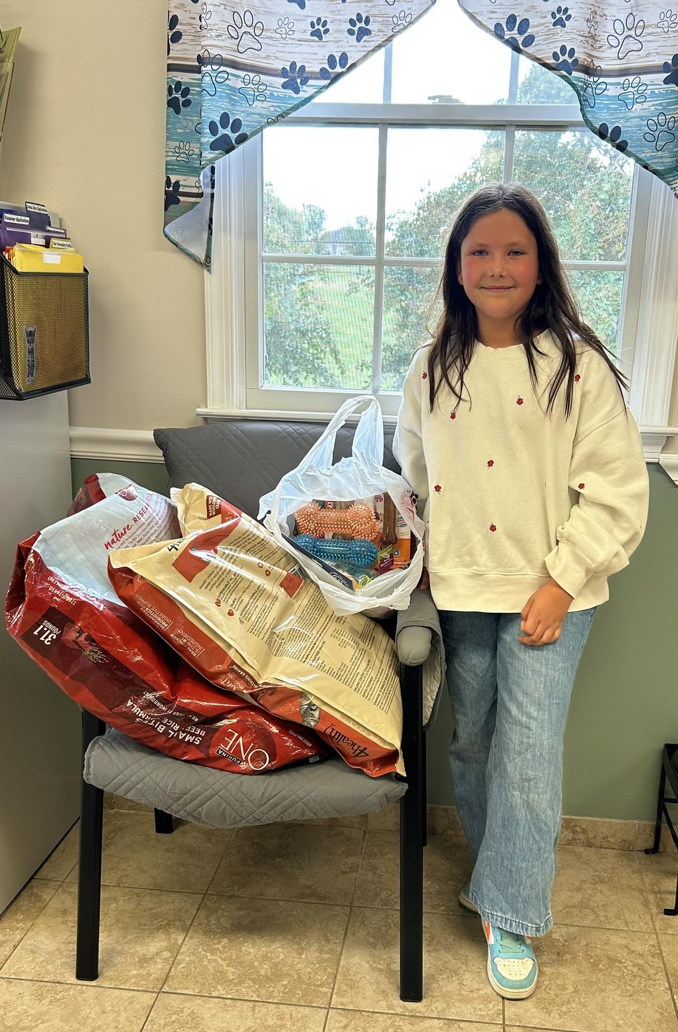 A young girl standing next to a chair with pet supplies and food bags, in a room with a window showing trees outside.