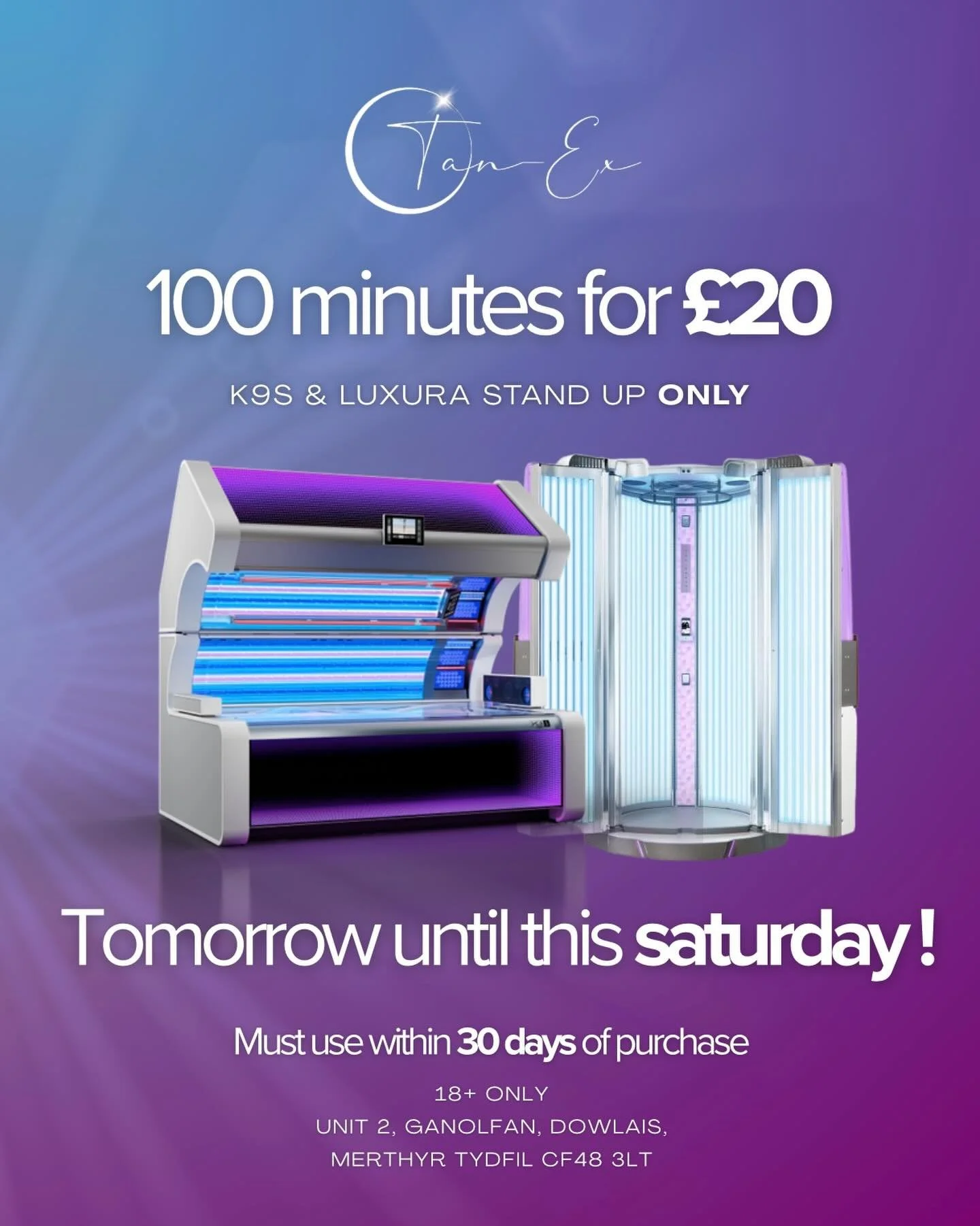 🚨 LIMITED JANUARY OFFER 🚨

From tomorrow until Saturday get
🔥100 minutes for ONLY &pound;20🔥

🚶&zwj;♂️ Walk in&rsquo;s Welcome
🔞 18+ only

#summertan #sunbedsalon #sunbedmerthyr #holiday #aestheticclinic