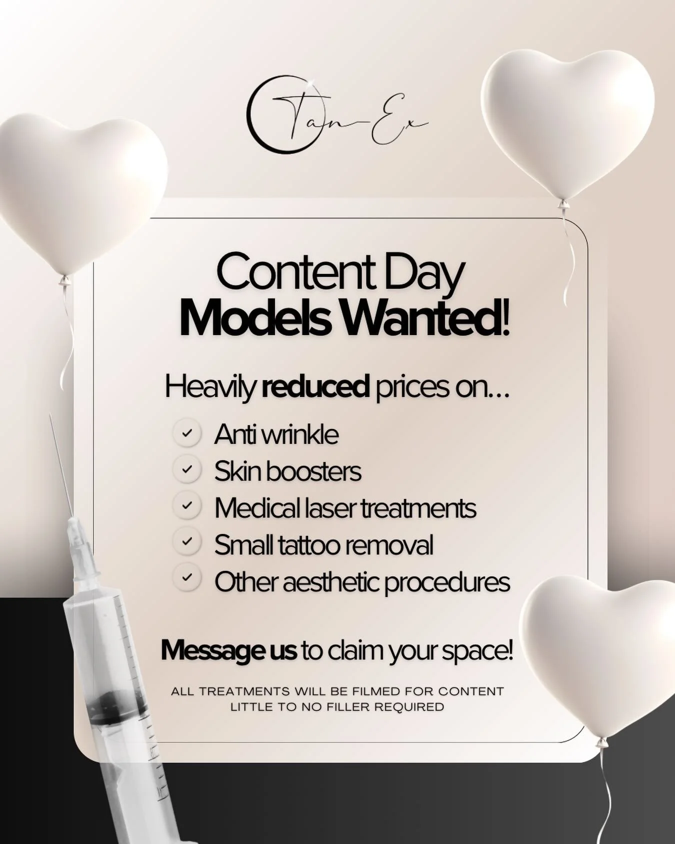 MODELS WANTED &ndash; HEAVILY REDUCED APPOINTMENTS 💉✨

We&rsquo;re looking for models for our Content Day on 6th February 📅
That means heavily reduced prices on selected treatments in exchange for content.

✨ Available treatments include:
&bull; An