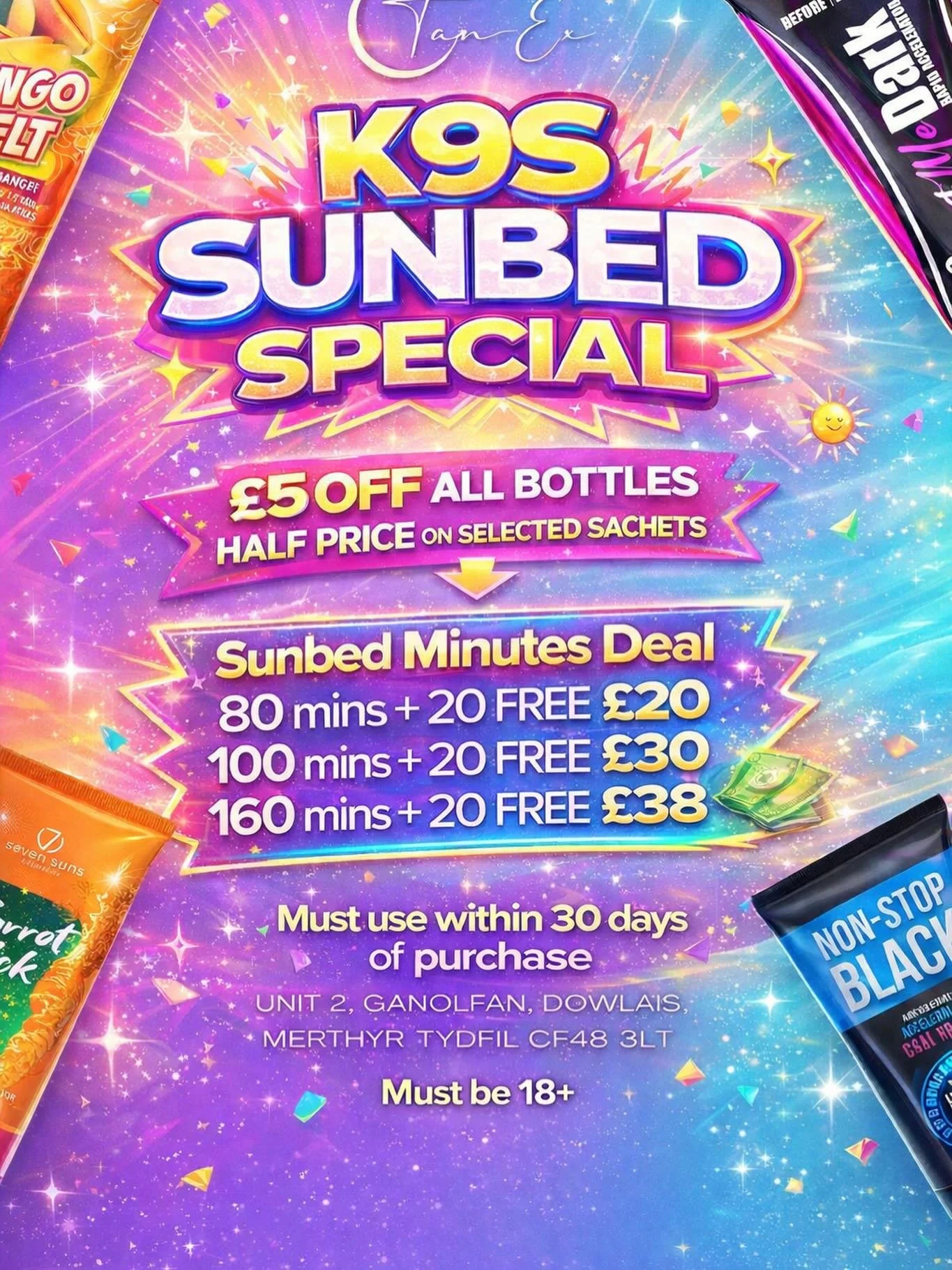 🔥 K9S SUNBED SPECIAL IS HERE 🔥

Glow season starts now ✨
We&rsquo;ve got BIG savings on sunbed minutes and tanning products for a limited time 👇

☀️ Sunbed Minutes Deals
&bull; 80 mins + 20 FREE &ndash; &pound;20
&bull; 100 mins + 20 FREE &ndash; 