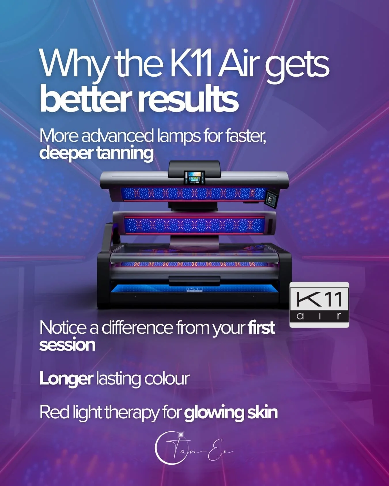 The K11 Air uses advanced lamp technology combined with red light therapy to give you faster, deeper results from your very first session.

✨ Notice a difference straight away
✨ Build a deeper tan in fewer sessions
✨ Red light helps support smoother,