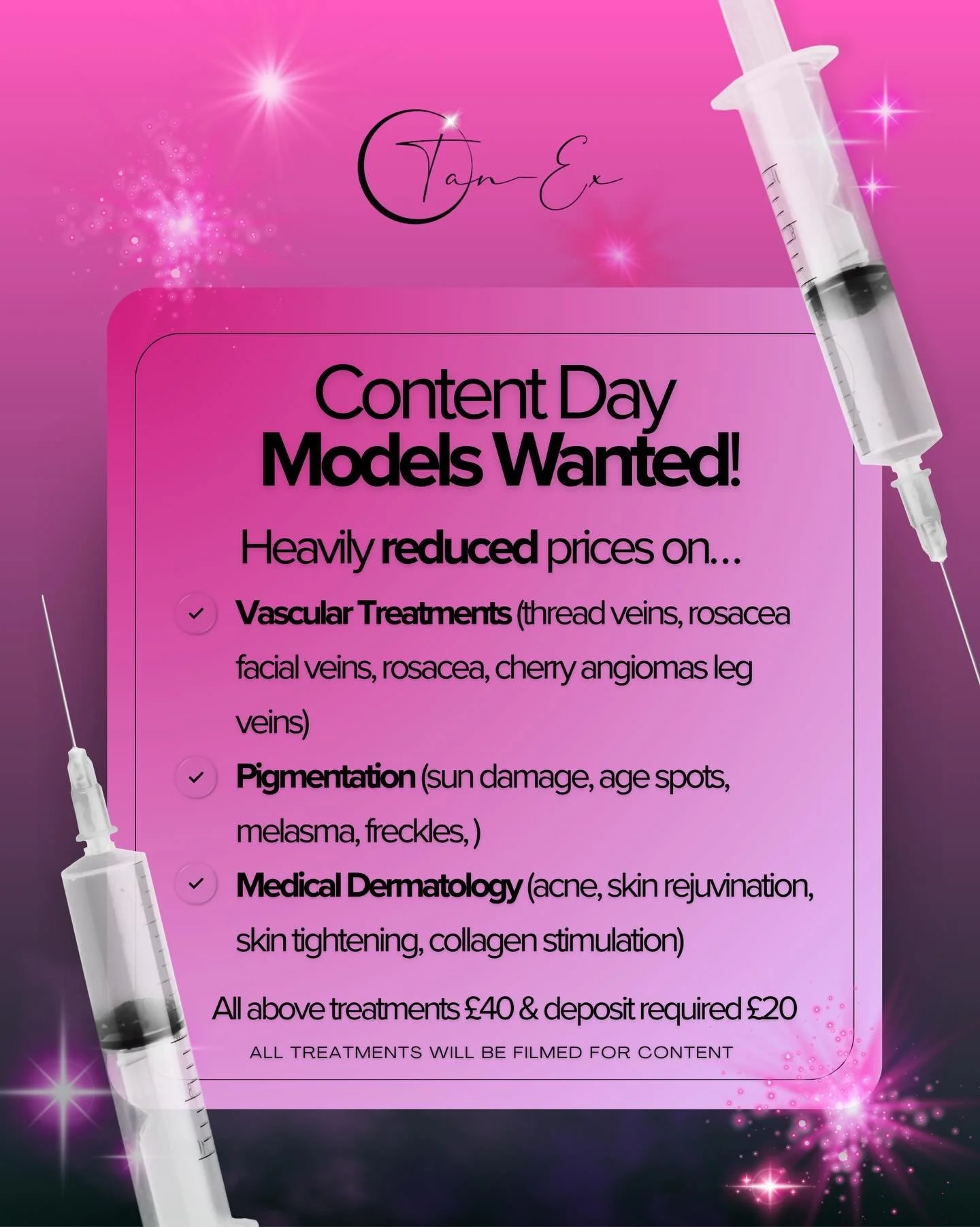 MODELS WANTED FOR OUR NEXT CONTENT DAY ON THE 6TH MARCH✨

All treatments above are &pound;40 per treatment with a &pound;20 deposit required 

Perfect if you&rsquo;re looking to target specific skin concerns or start your skin journey 🤍

✨ Vascular
