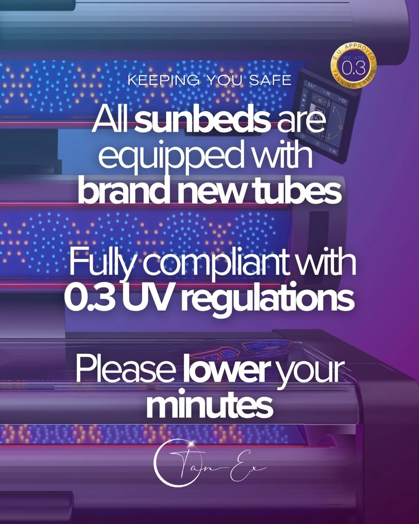 Keeping you safe always ✨

All of our sunbeds are fitted with brand new tubes and fully compliant with 0.3 UV regulations.

Please lower your minutes ⚠️

Click the link in our bio to view our sunbeds &amp; minutes available.

Must be 18+ 

#sunbedmer