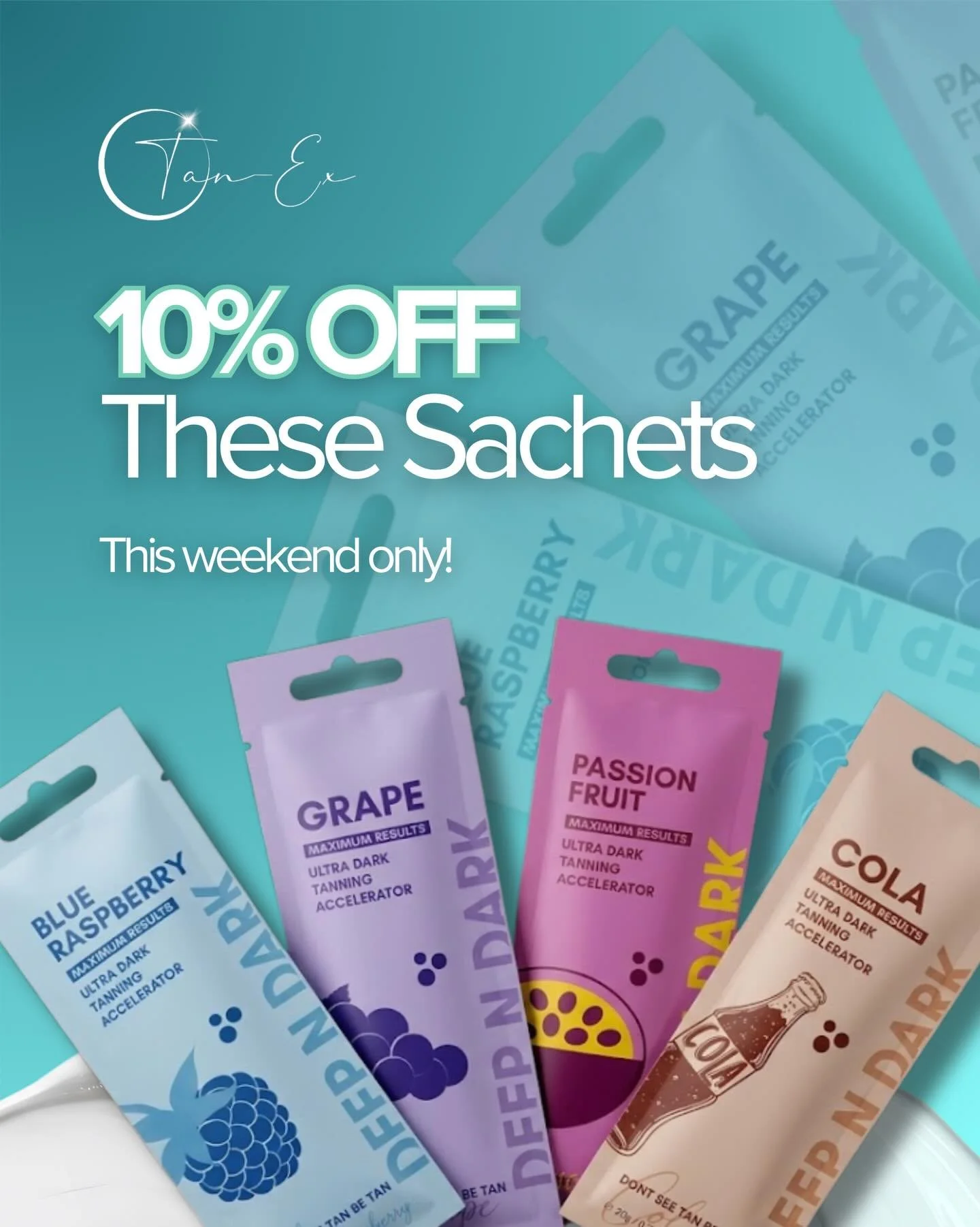 10% OFF these sachets 🤍✨

This weekend only &mdash; TOMORROW &amp; SUNDAY!

Grab your favourites for just &pound;3.15 each 👀🔥

Perfect for getting that deeper, darker glow ☀️

🔞18+ only