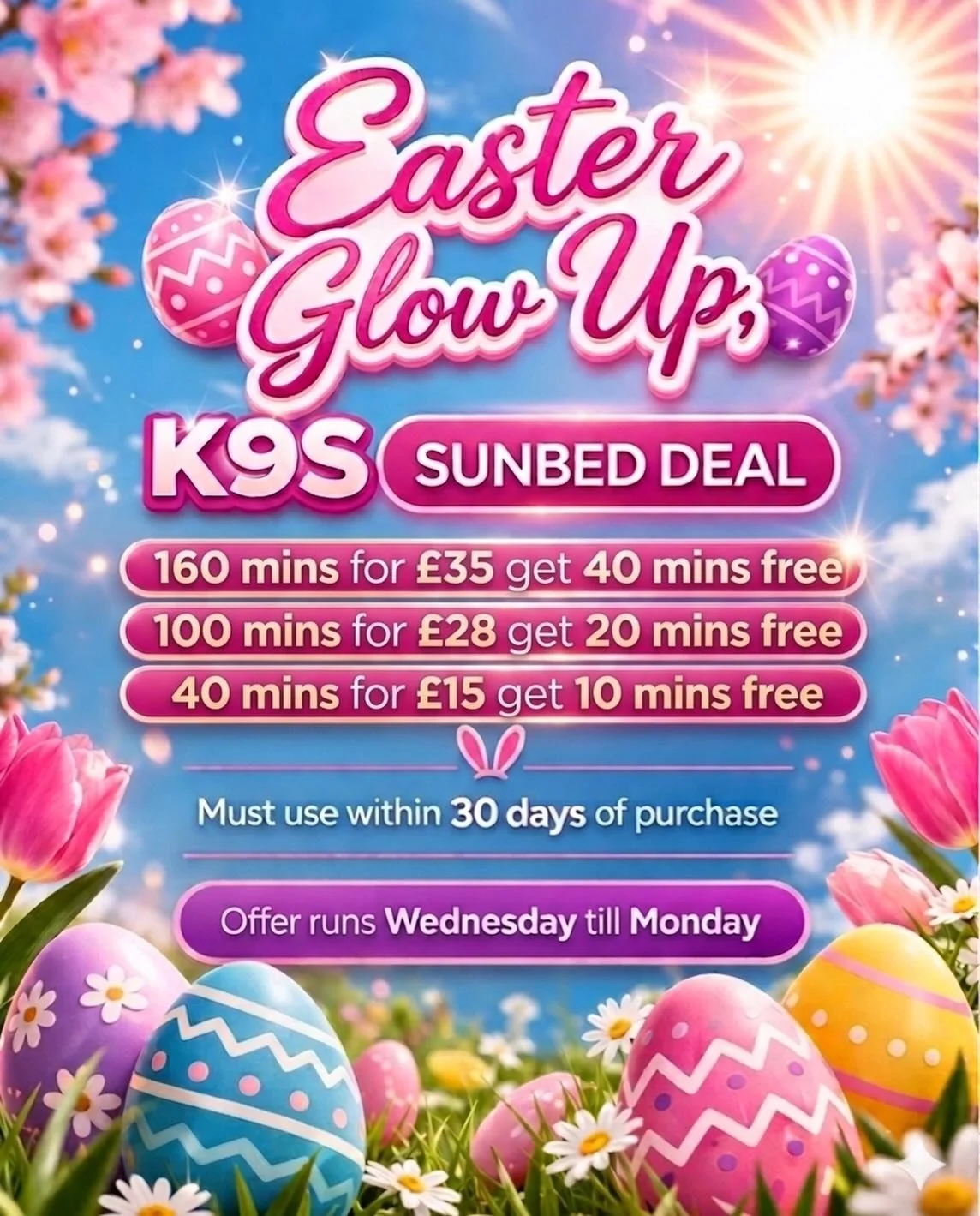 Easter Glow Up is here 🐣✨

Our K9S Easter deal goes LIVE tomorrow and runs until Monday 6th, don&rsquo;t miss it 🤍

We&rsquo;re offering 3 exclusive minute deals to get you glowing!

⏳ Must be used within 30 days
🔞 18+ only