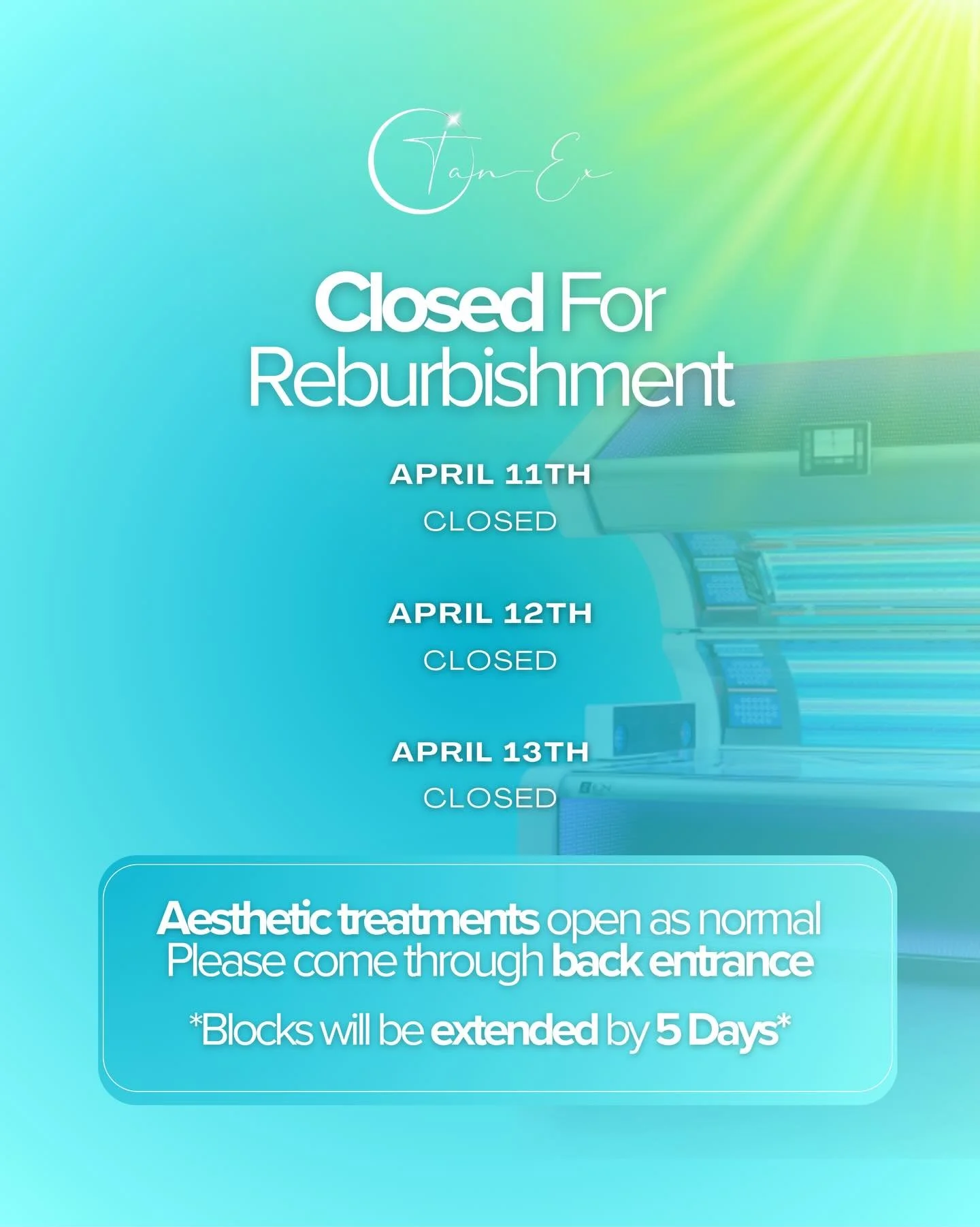 We&rsquo;re closed for refurbishment April 11th - 13th ✨

Something exciting is coming&hellip; and we can&rsquo;t wait to show you 🤭

Aesthetic treatments will still go ahead as normal, please use the back entrance.

If you have sunbed blocks, they&