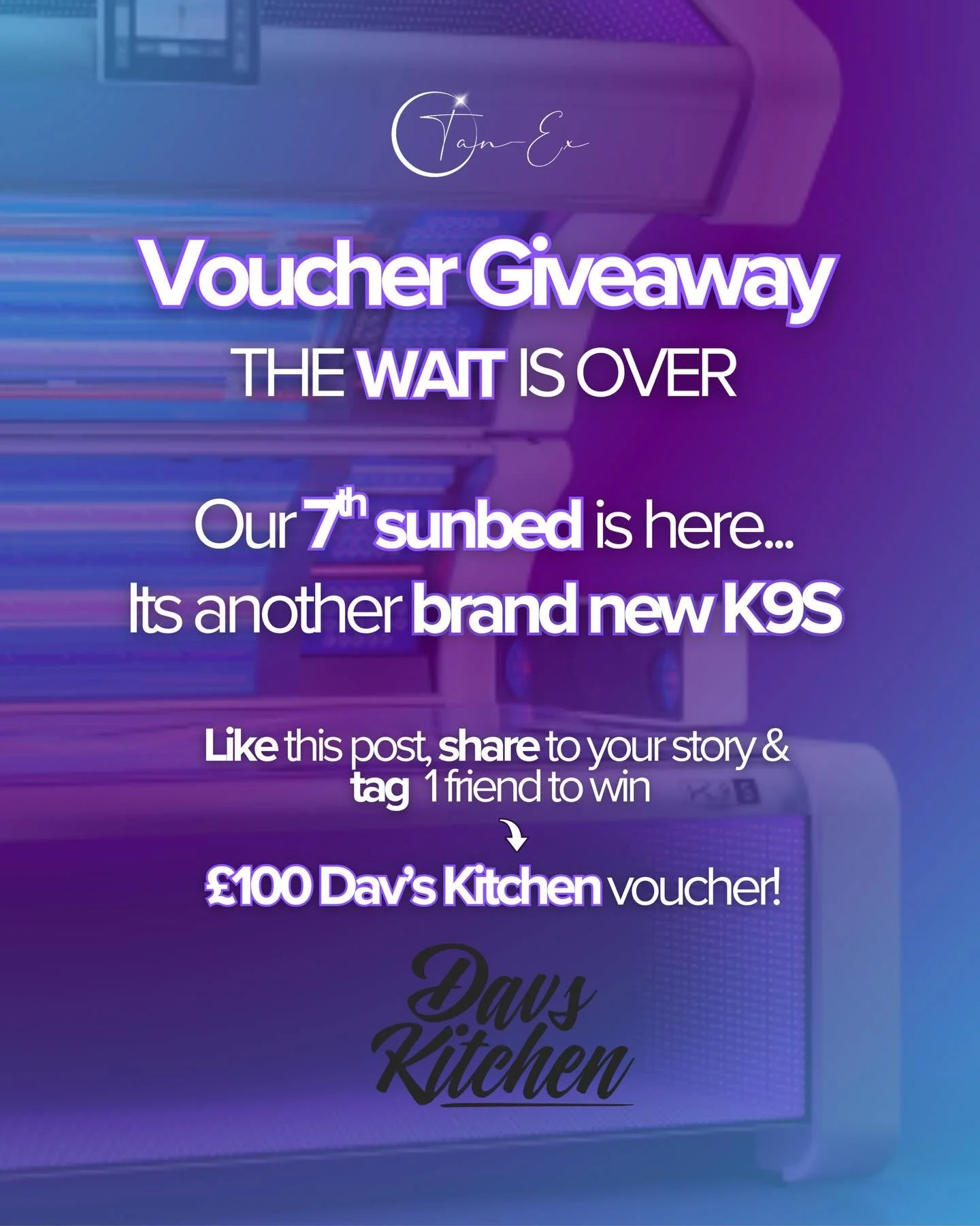 We&rsquo;ve officially got our 7th sunbed in salon 🔥
And yes&hellip; it&rsquo;s another brand new K9S 🤭

To celebrate, we&rsquo;re giving back to you&hellip;

🎁 WIN a &pound;100 Dav&rsquo;s Kitchen voucher! 🎁

To enter:
&bull; Like this post
&bul