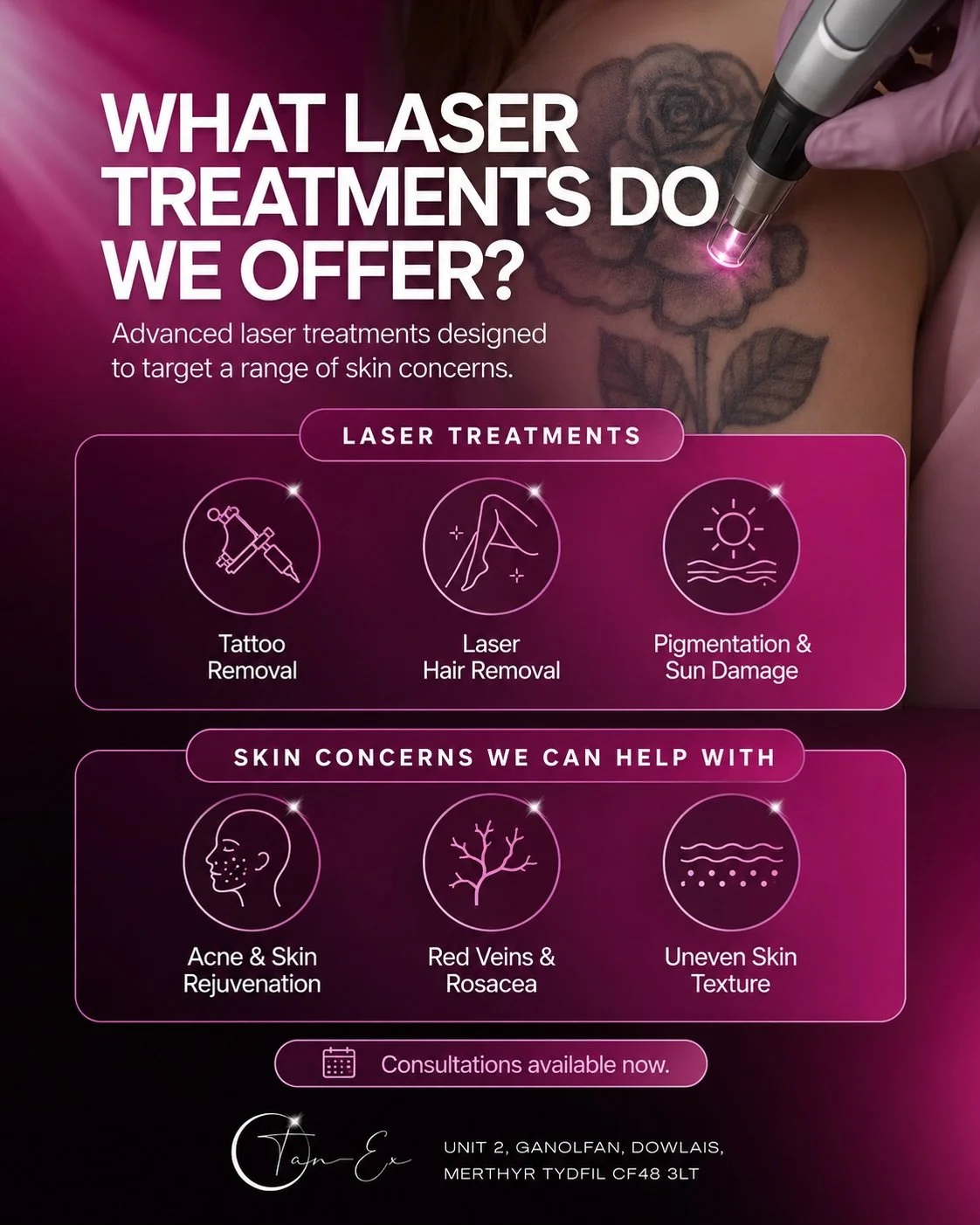 More than just tattoo removal ✨

Our advanced laser treatments can help with pigmentation, sun damage, rosacea, acne, skin rejuvenation and uneven skin texture.

Ready to start your laser journey? Click the link in our bio to book your consultation.