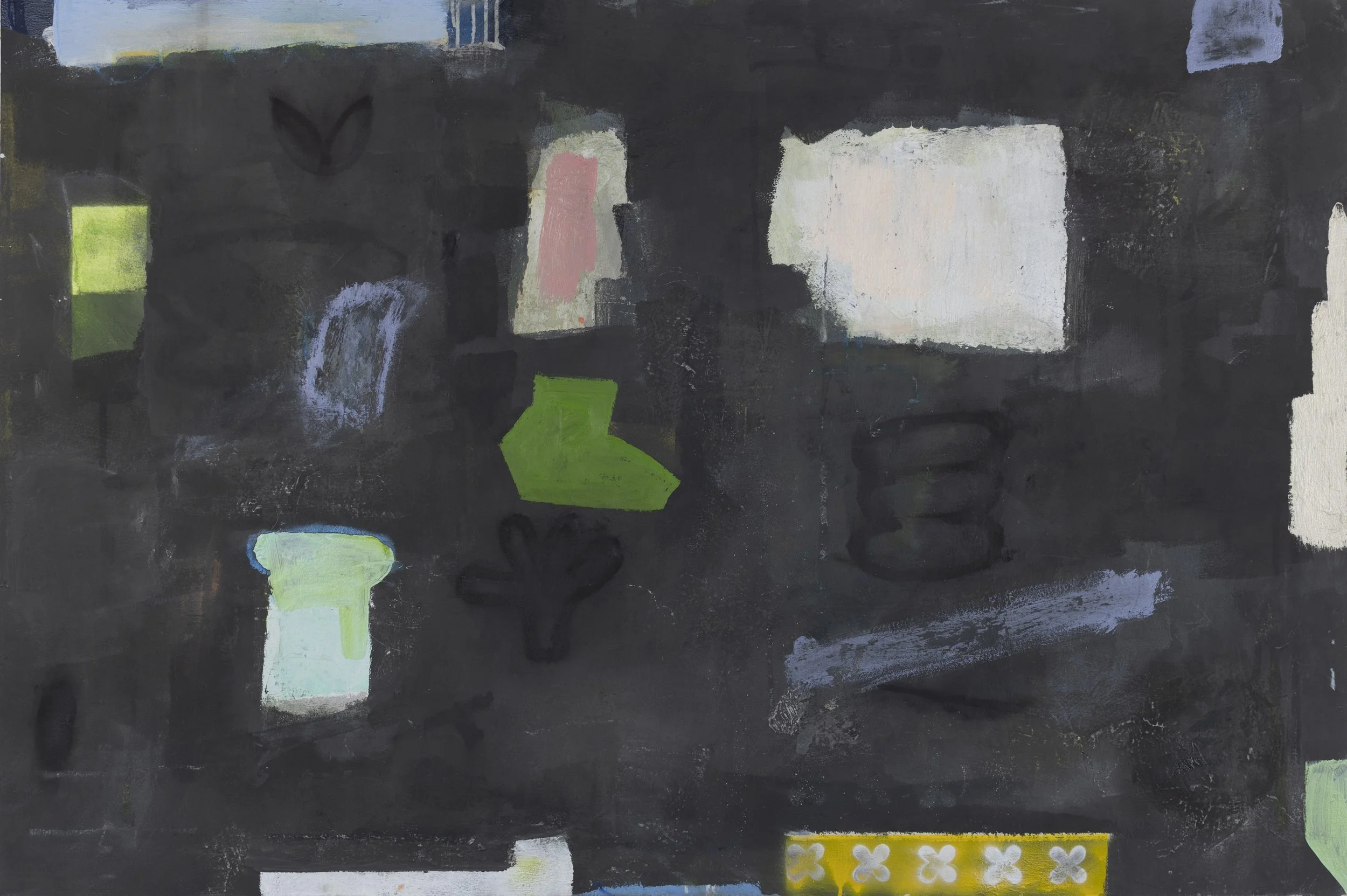 Abstract painting with dark and light patches, including green, pink, white, blue, and black shapes and brushstrokes.