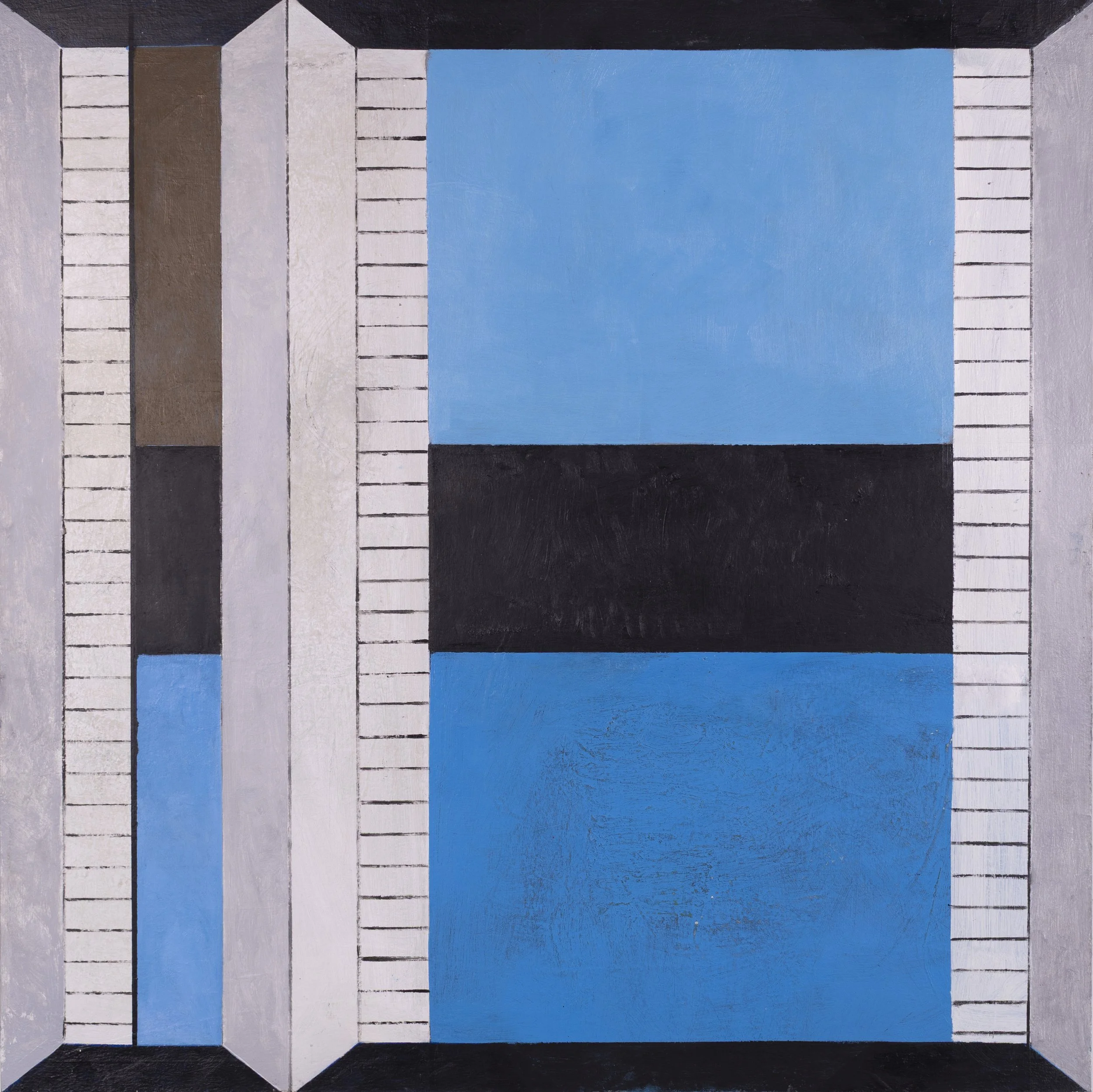 Abstract geometric painting with vertical and horizontal blue, black, white, gray, and brown blocks.