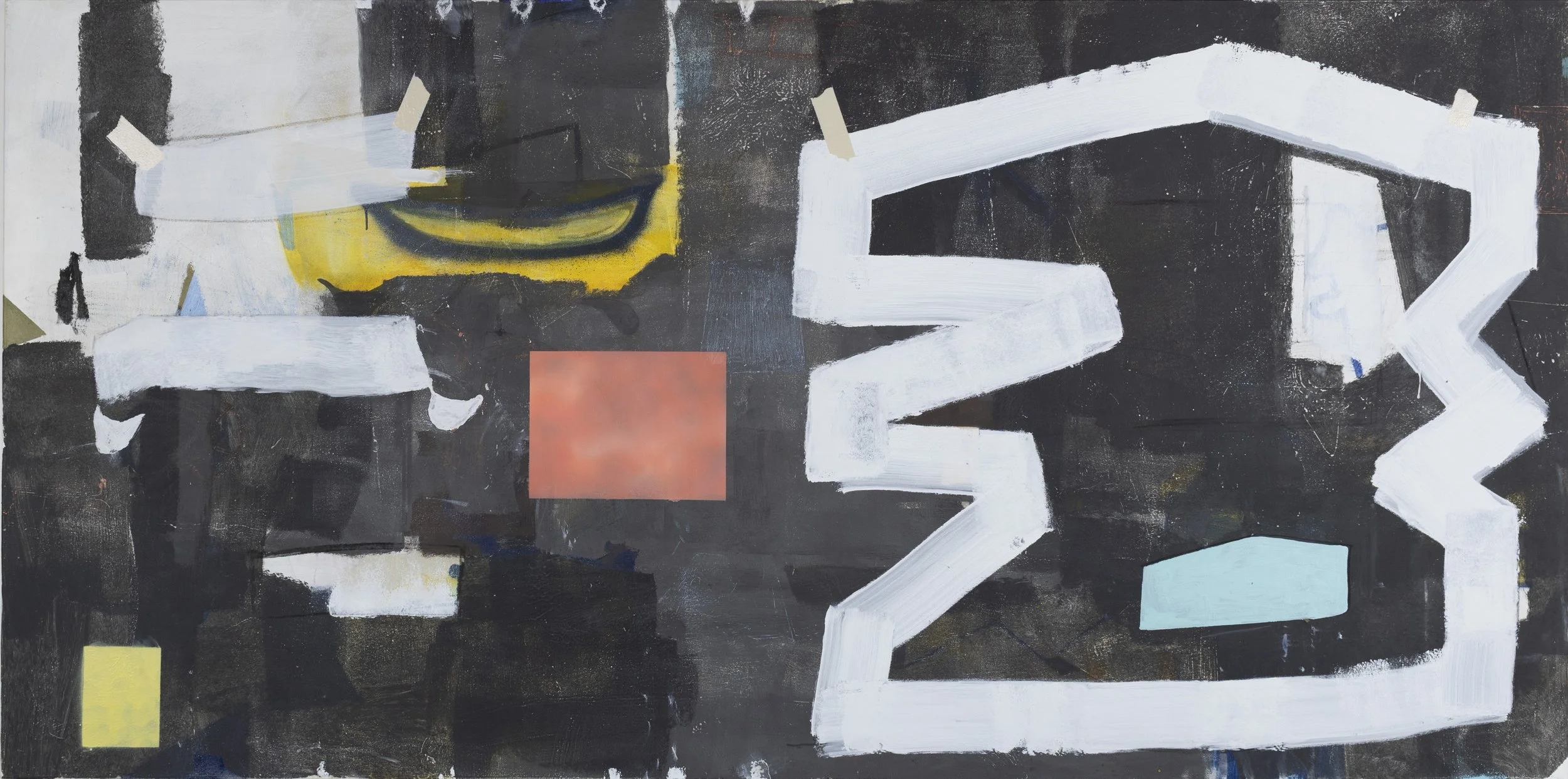 Abstract painting with a dark background, white zigzag lines, and colored geometric shapes including a red square, yellow square, blue irregular shape, and yellow and black curved form, with tape marks at the top.