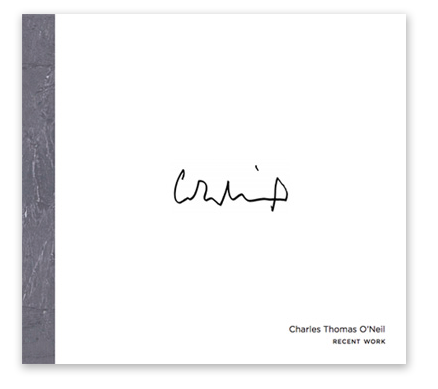 A white art gallery wall with an abstract black line drawing and the text 'Charles Thomas O'Neil RECENT WORK' in the bottom right corner.