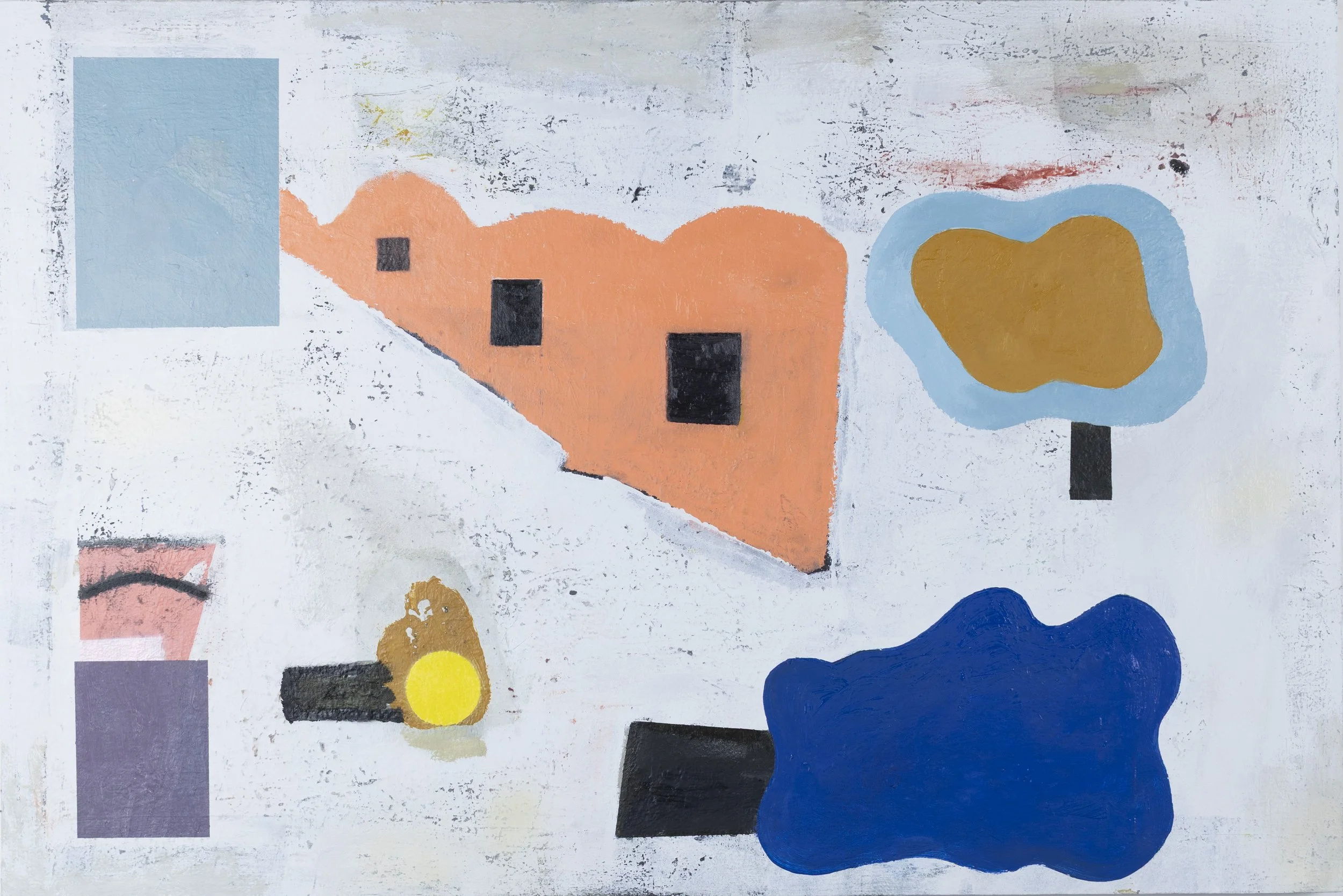 Abstract painting with geometric shapes: a large orange triangle with black squares, a blue square, a brown shape outlined in blue, a yellow circle, and a blue irregular shape on a distressed white background.