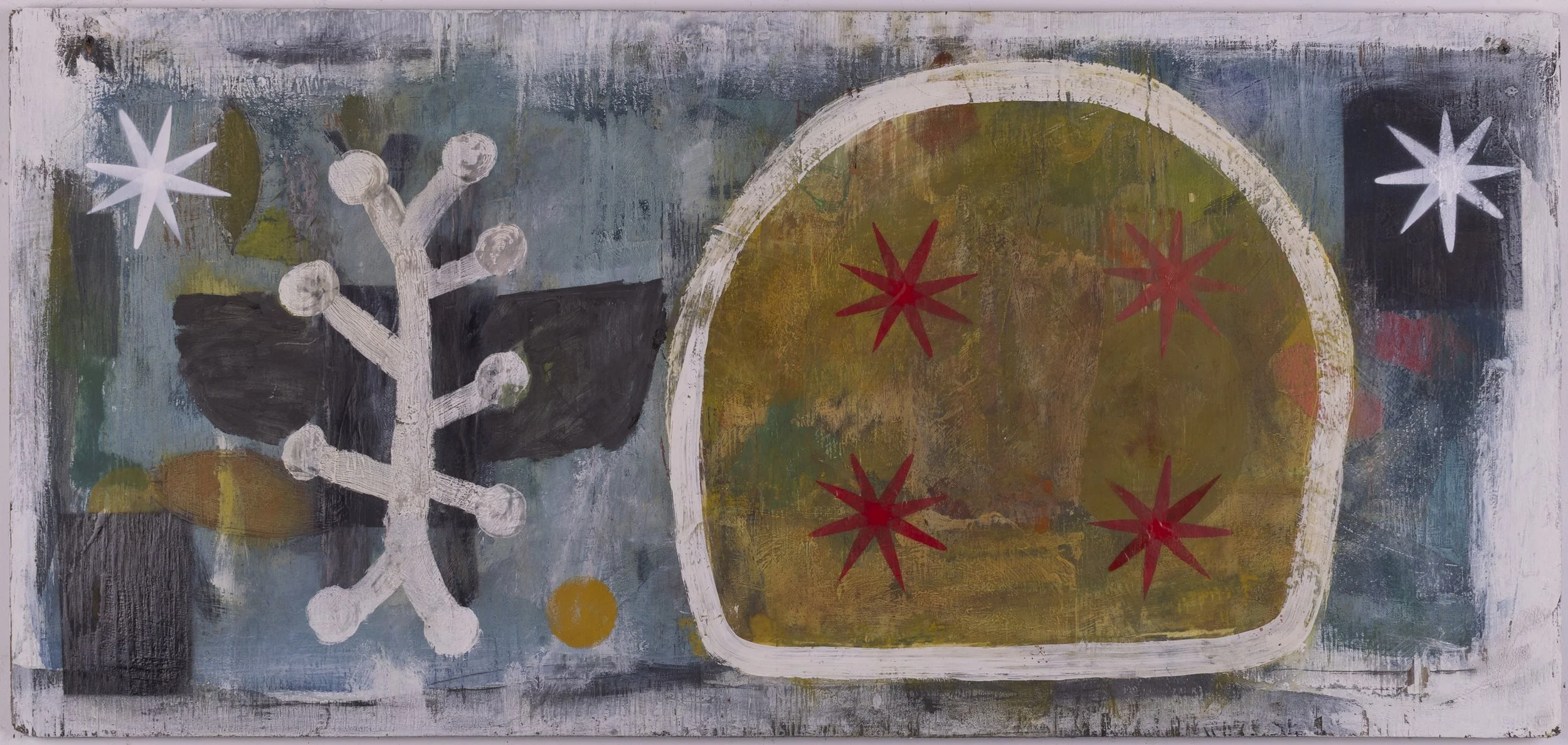 Abstract painting with a white snowflake on the left, red star shapes inside a yellow-green semi-circle on the right, and blue, black, and white background patches.