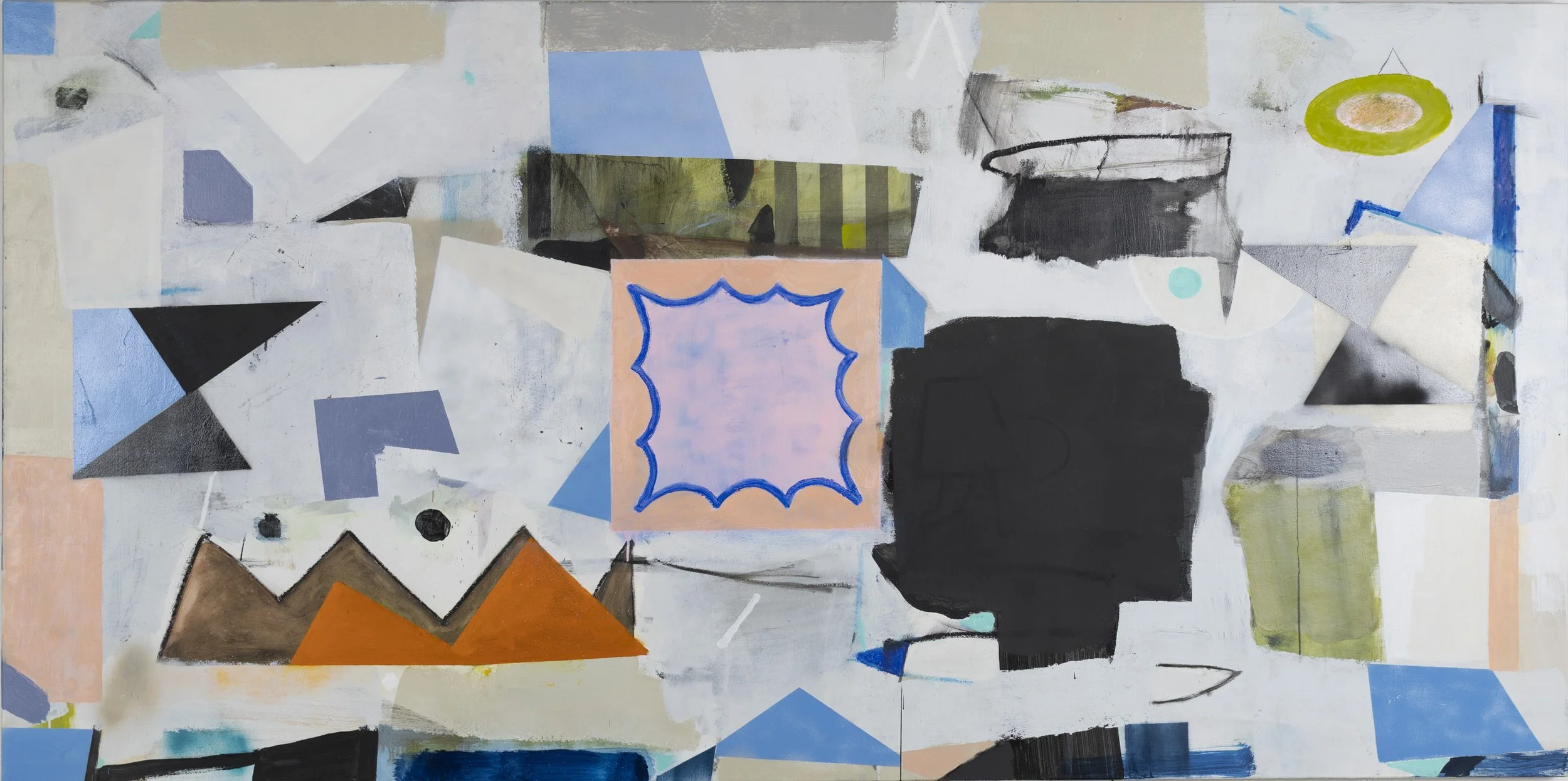 Abstract modern art mural with various geometric shapes and colors including black, gray, blue, peach, orange, green, and white.