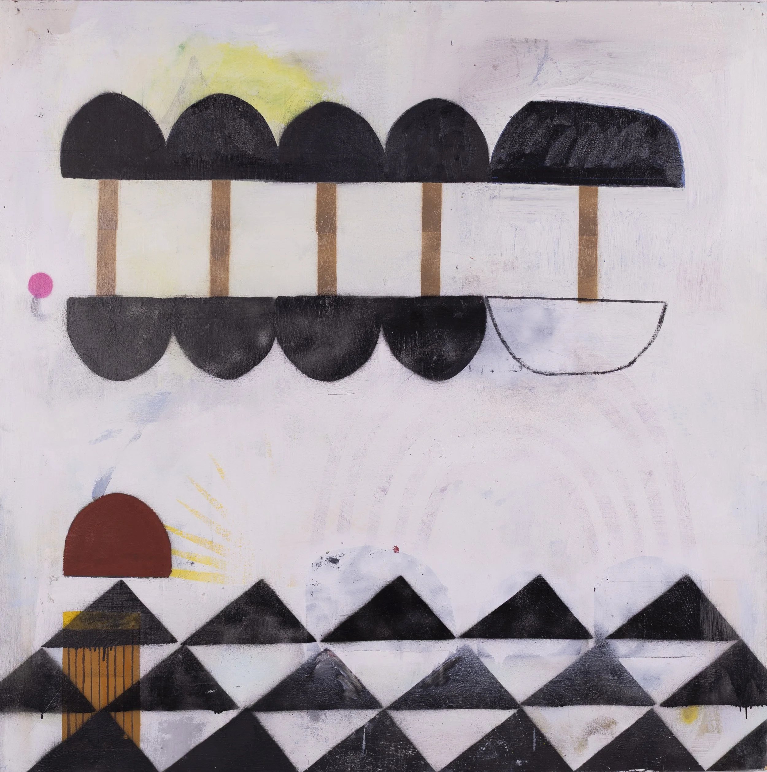 Abstract painting featuring black semicircles on sticks, a semi-circular shape on the right, a red half-circle with yellow lines radiating outward, and a pattern of black triangles on a white background.