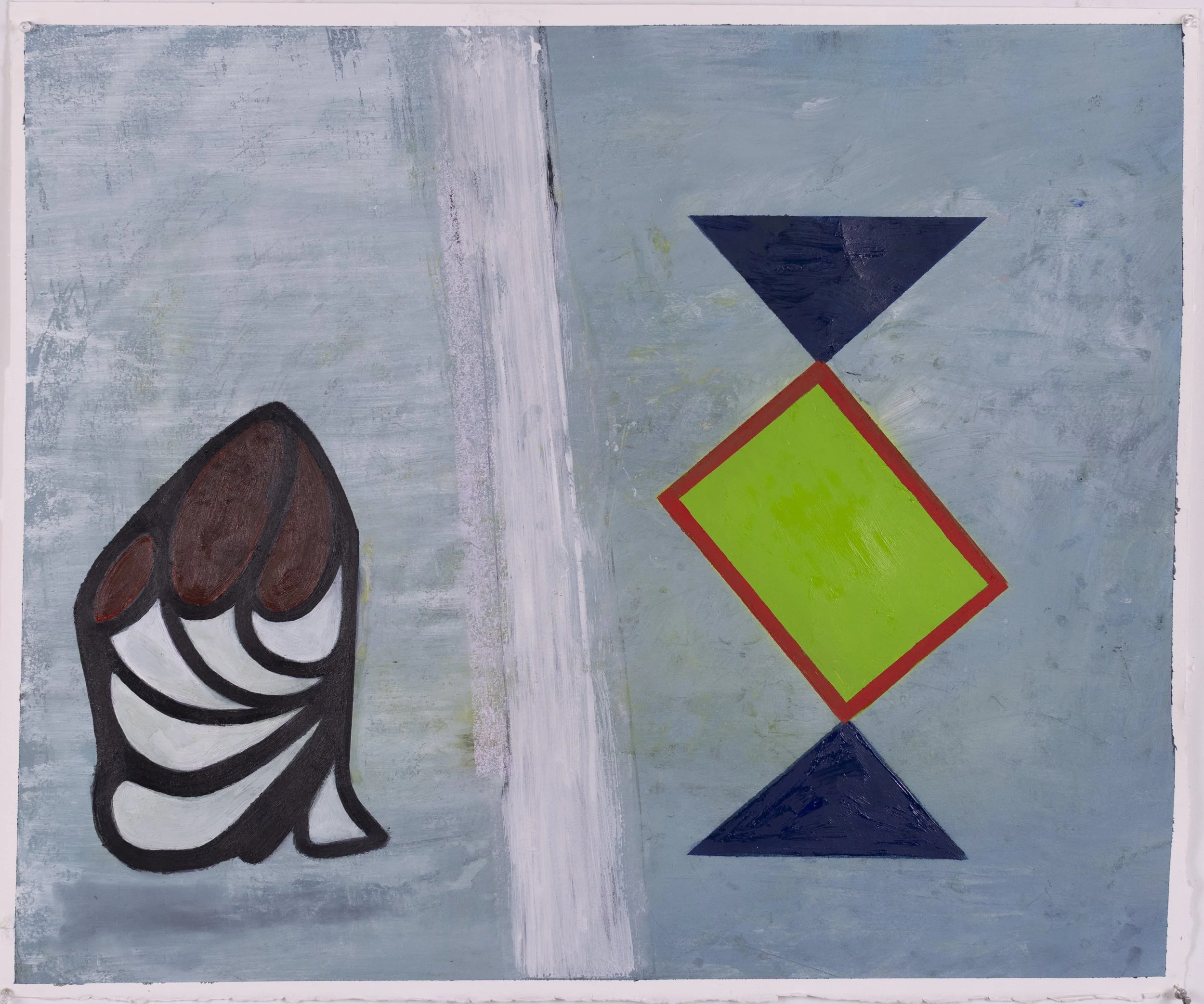 Abstract painting on canvas featuring a black, white, and brown stylized shell shape on the left, with a vertical white streak beside it, and a geometric composition of a green diamond with a red border, a dark blue triangle above, and a dark blue do
