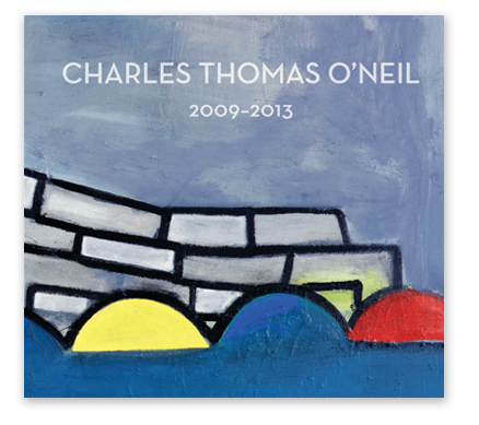 Painting of a brick wall with colorful abstract shapes and a blue background, with text reading 'Charles Thomas O'Neil 2009-2013'.