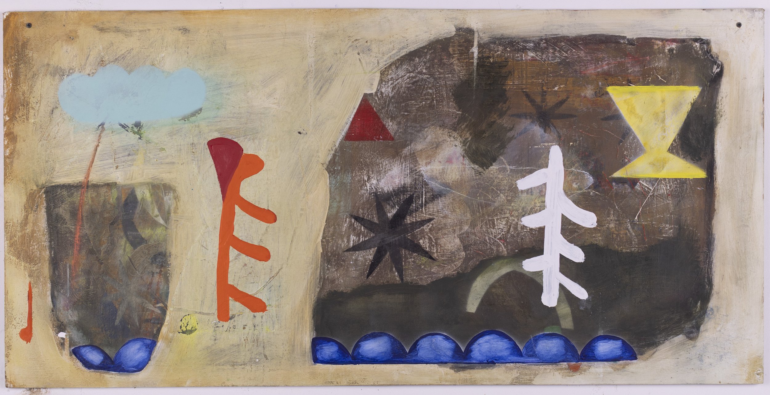 Abstract painting with colorful shapes including a blue cloud, orange and red figure, blue semicircles, black star-like figures, red triangle, white tree, and yellow hourglass on a textured beige and dark background.