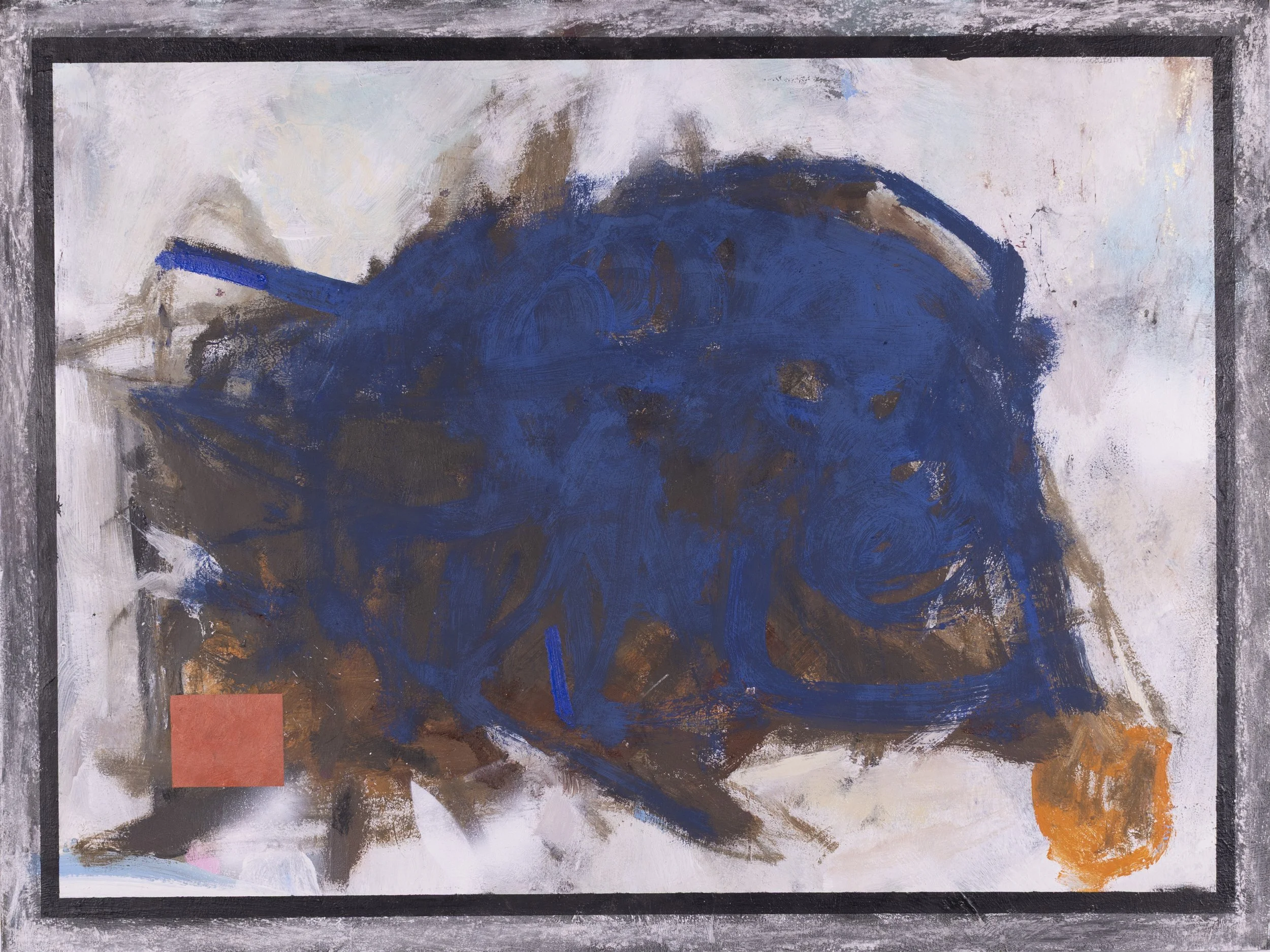 Abstract painting featuring a large, dark blue shape resembling an animal or object, with accents of brown, orange, and gray, in a textured, expressive style.