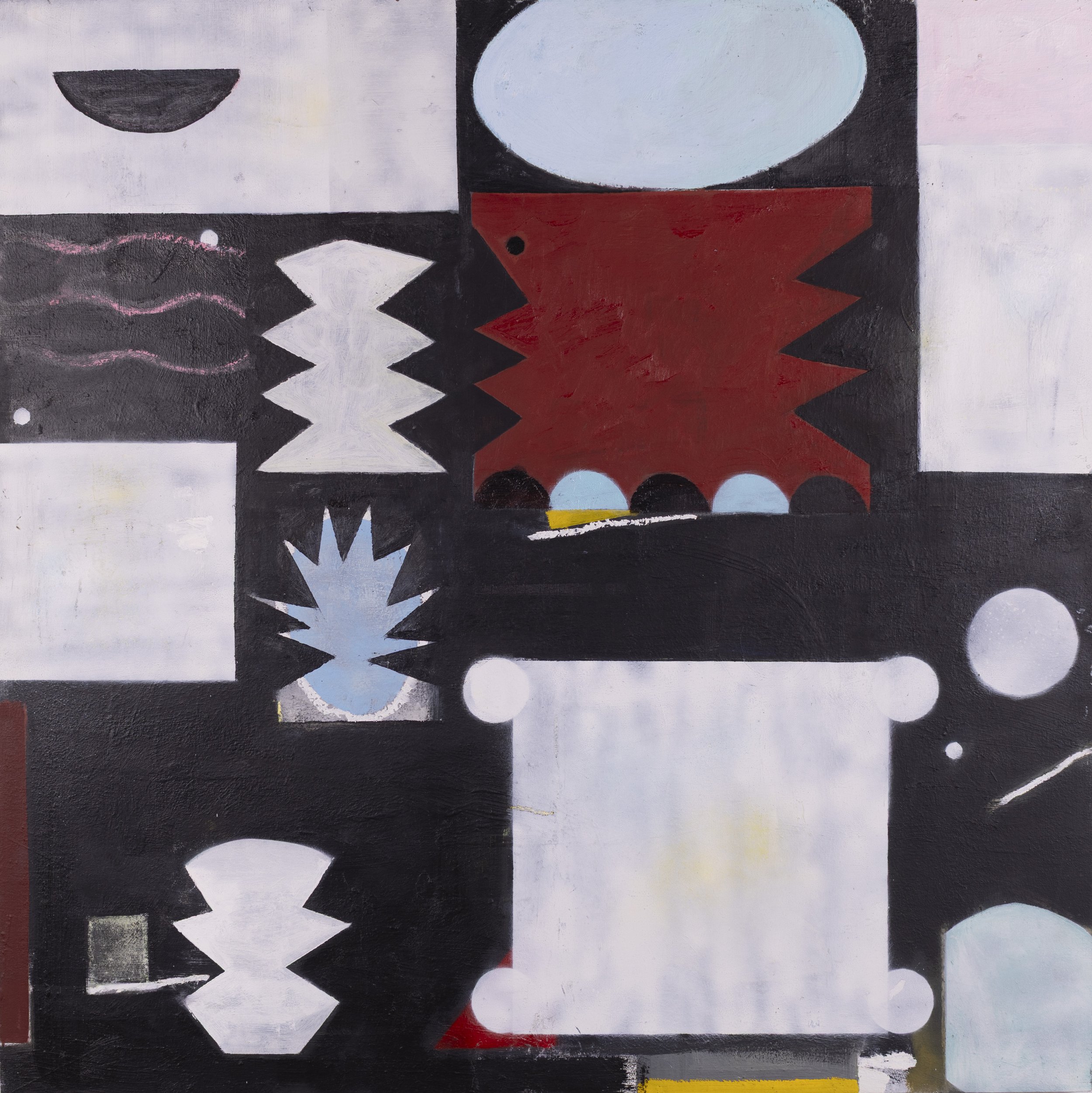 Abstract geometric painting with various shapes and colors, including black, white, red, pink, yellow, and blue.