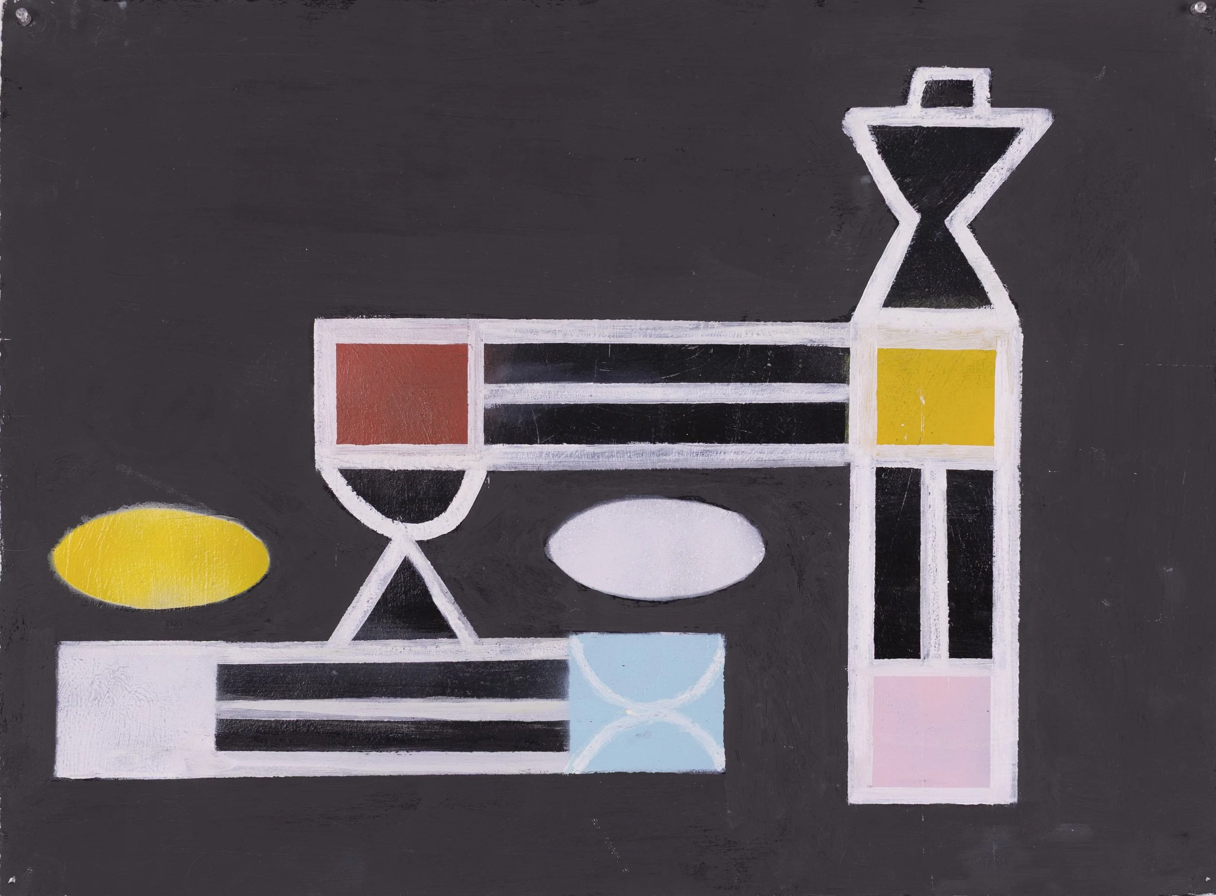 Abstract painting with geometric shapes and bright colors on a dark background.
