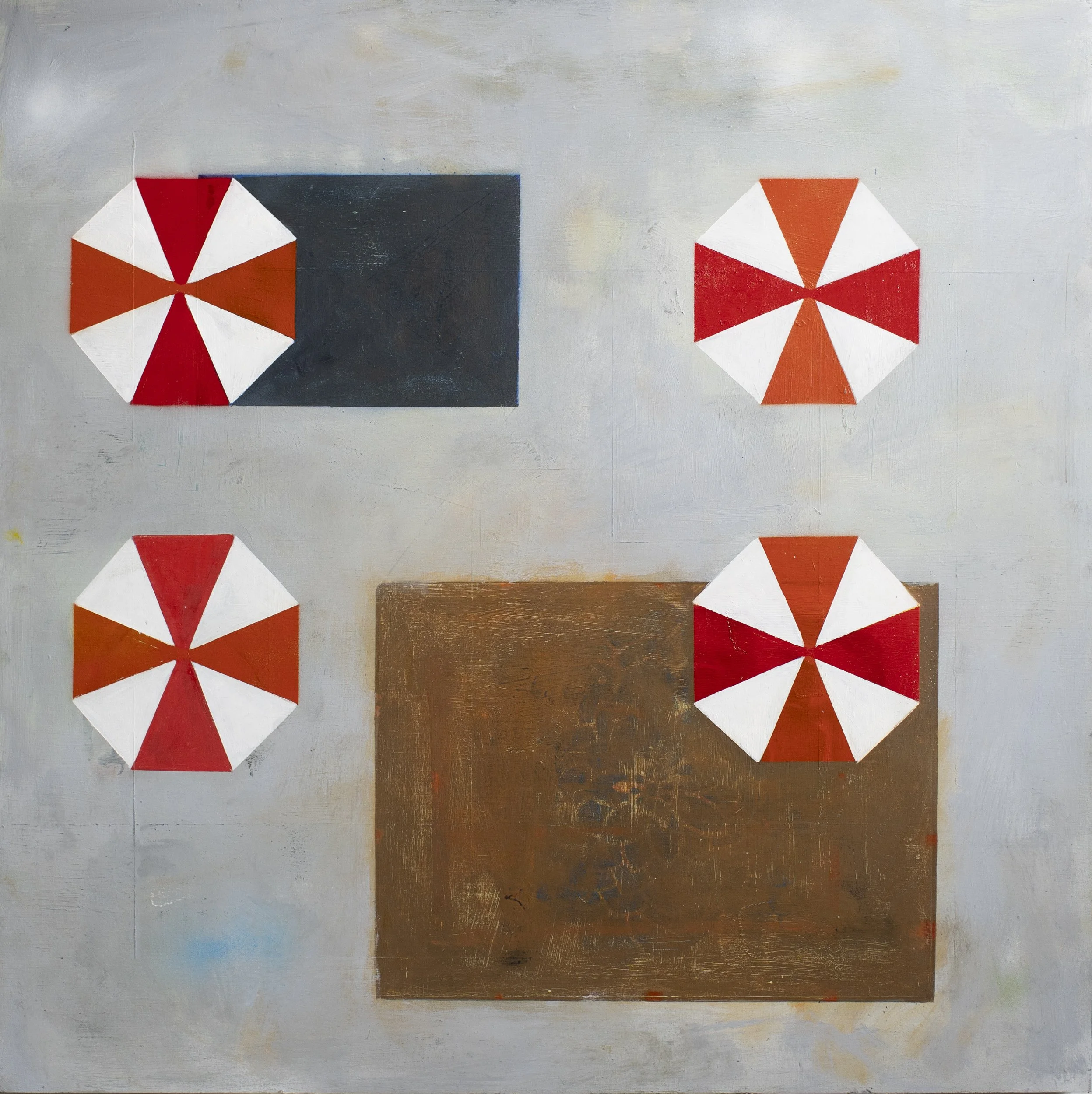 Abstract painting featuring four umbrellas with red, white, and orange sections, placed on a background of four colored rectangles in black, brown, and shades of light gray.