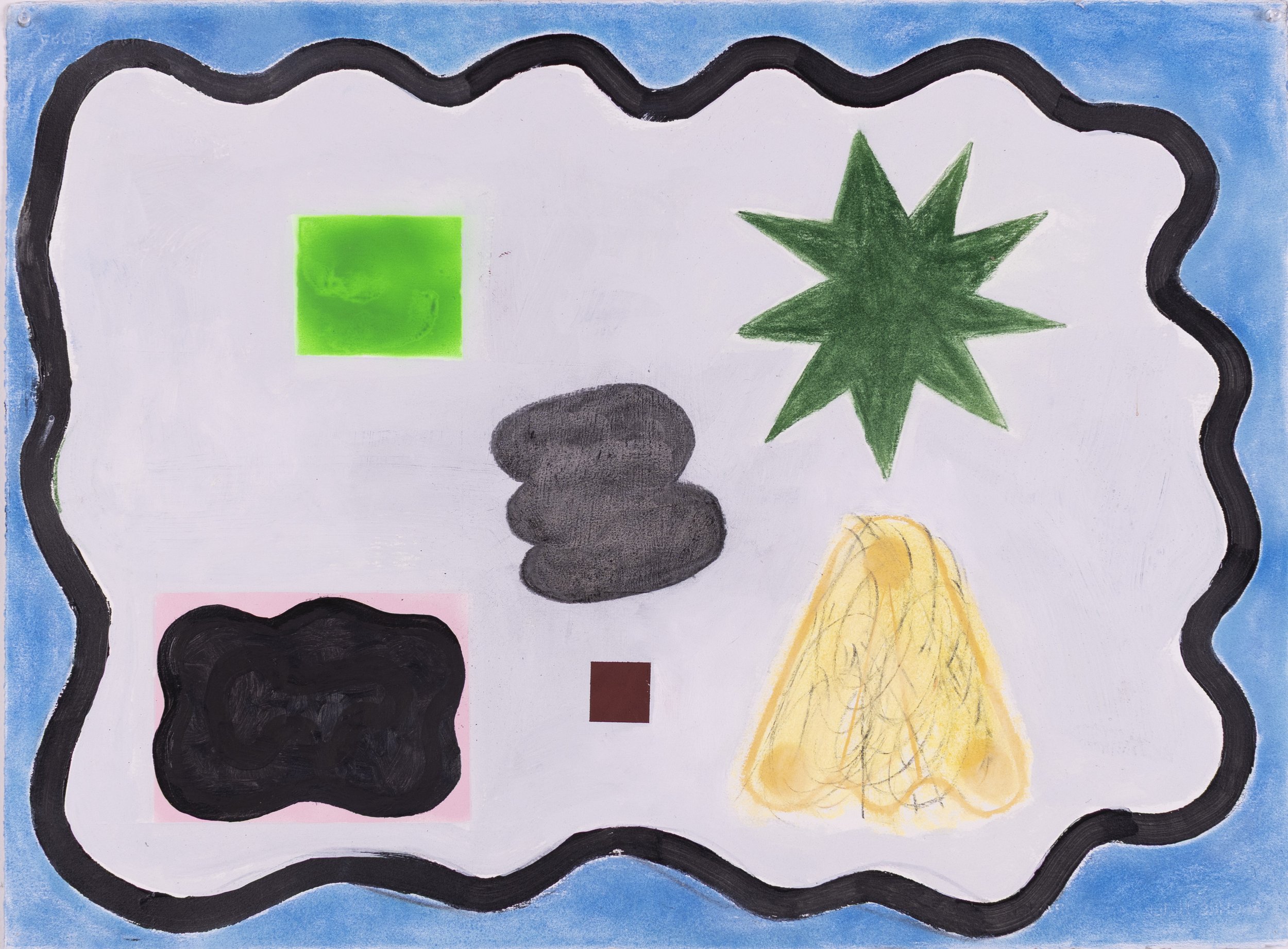 Child's drawing of a scene with a green star, black rocks, a pink square, a brown square, an orange mountain or volcano, and a green square, all on a white background bordered by a blue and black wavy line.