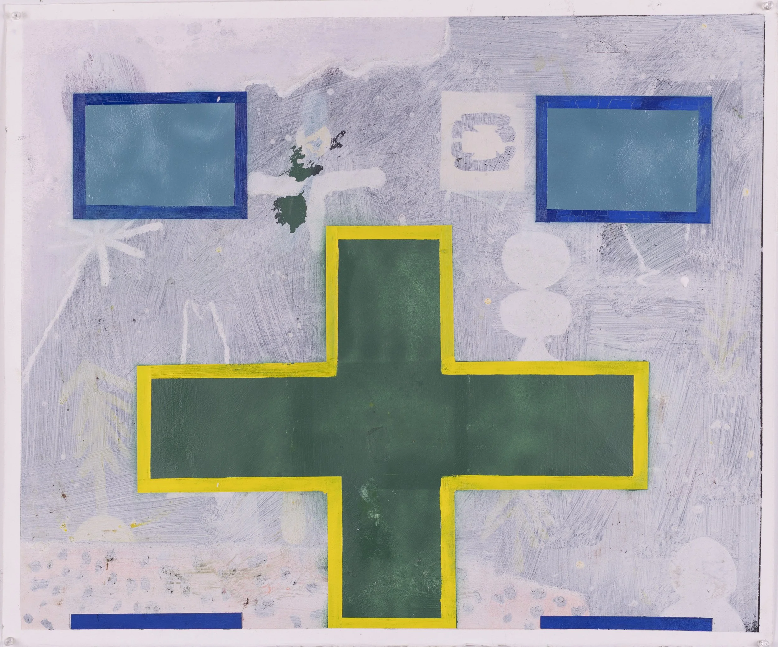 Painting featuring a large green cross with yellow borders in the center, two blue rectangles at the top, and a background with white and gray painted textures.