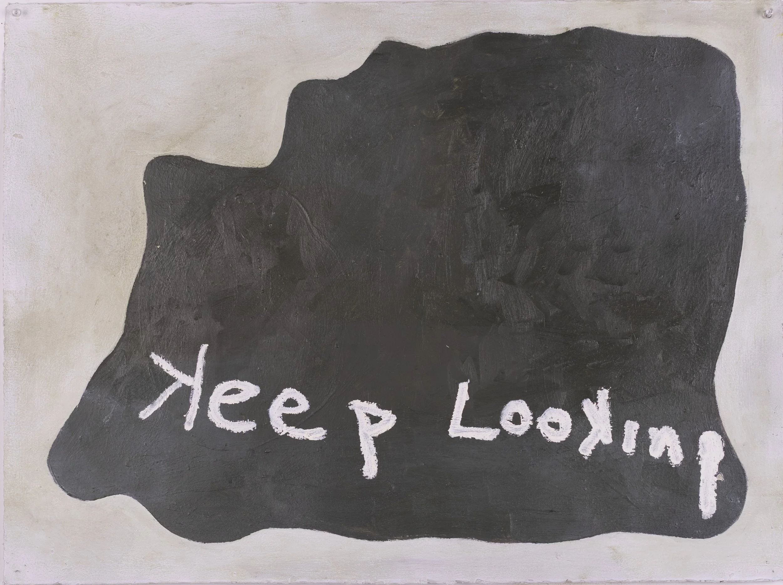 A painted black irregular shape on a beige background with the words 'Keep Calm' written in white and reversed.