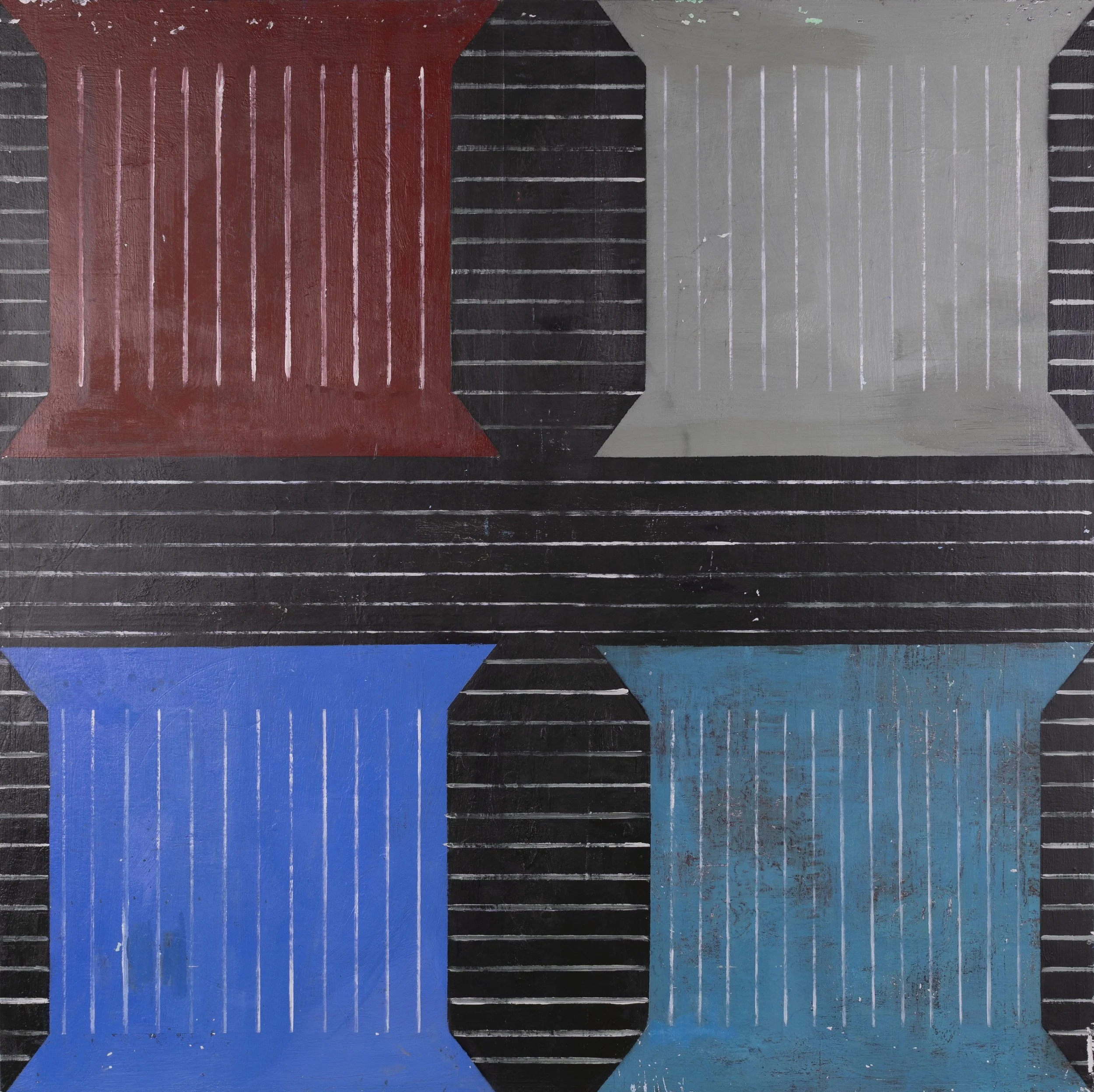 A geometric abstract painting with large rectangles in red, gray, and blue, and black rounded shapes in the center with white lines.