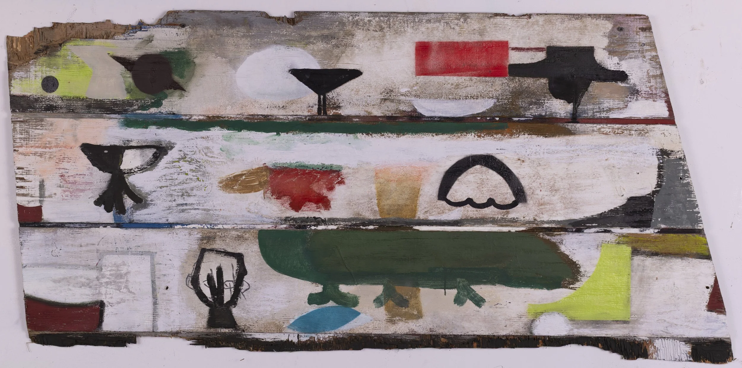 Abstract painting on distressed wooden surface featuring various shapes and colors, including black, green, red, yellow, and white, with a rough, rustic appearance.