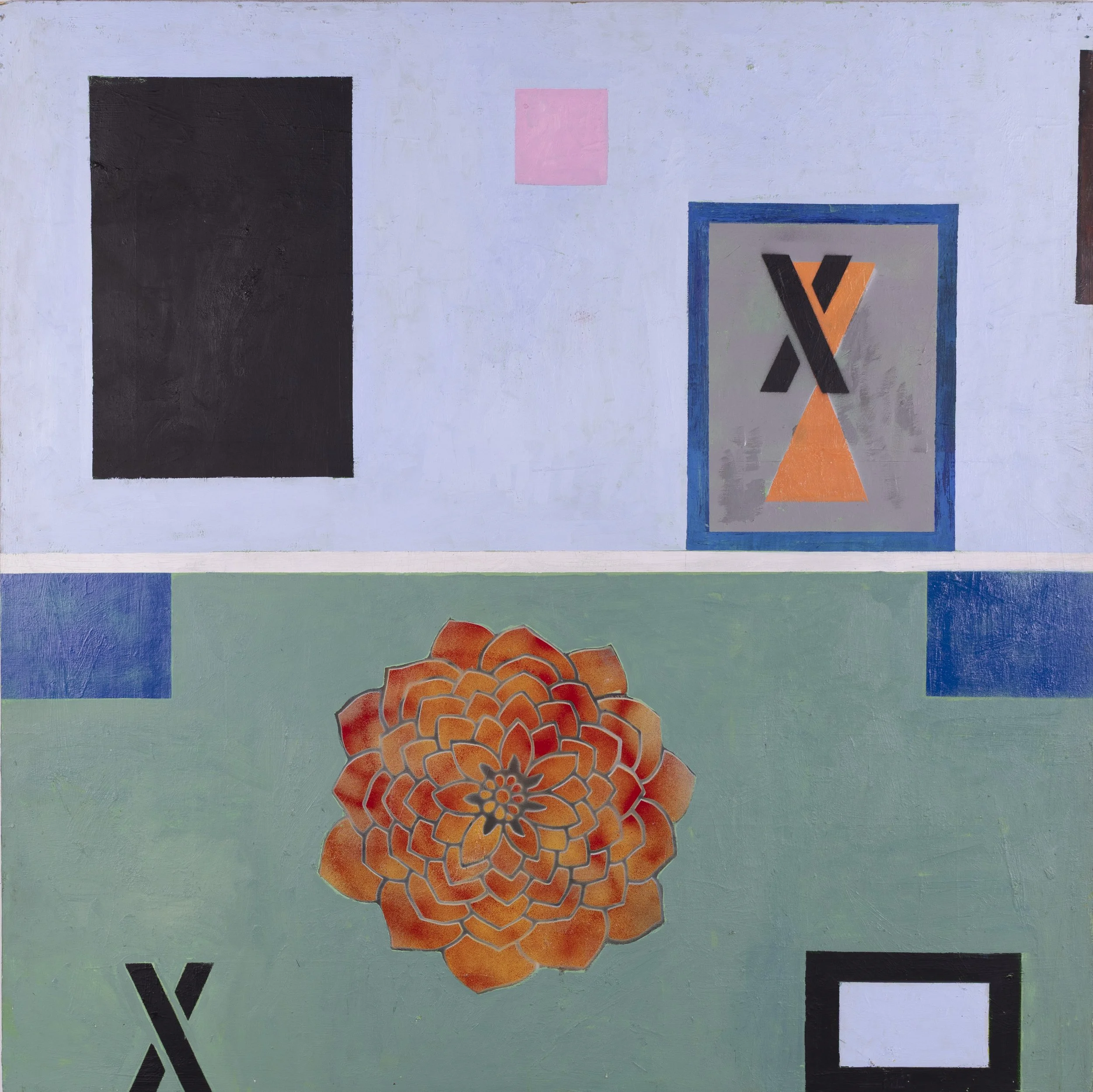 Abstract geometric art with squares, rectangles, and a flower shape in muted colors.